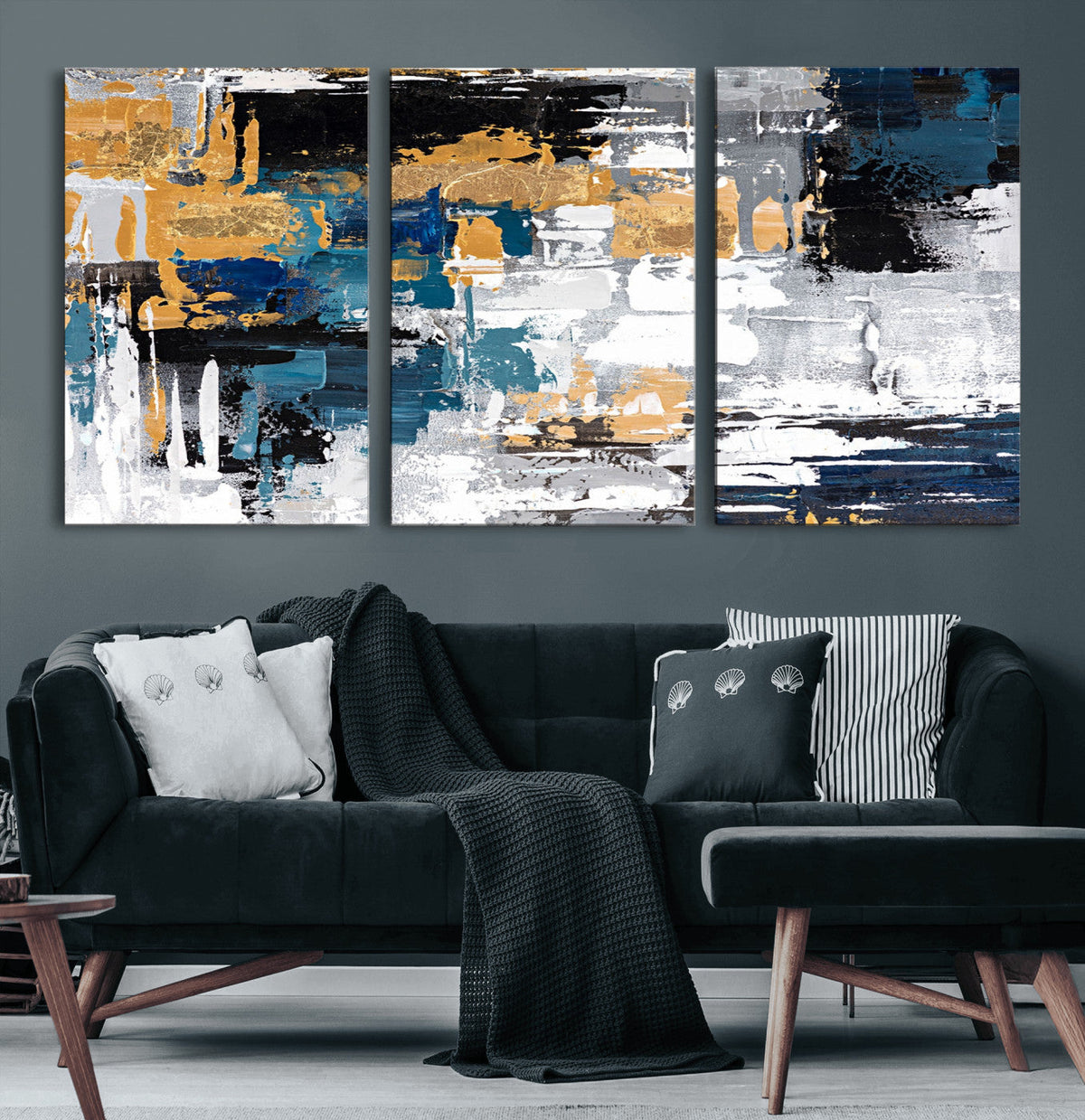Blue and Gold Abstract Canvas Wall Art – Triptych Modern