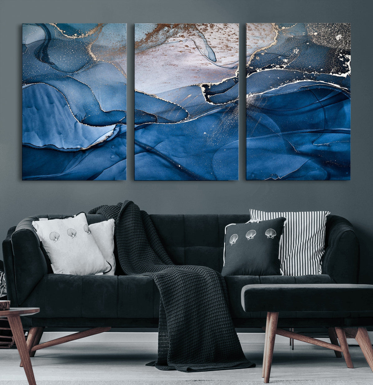 Navy Blue Canvas Art Abstract Print – Elegant Triptych