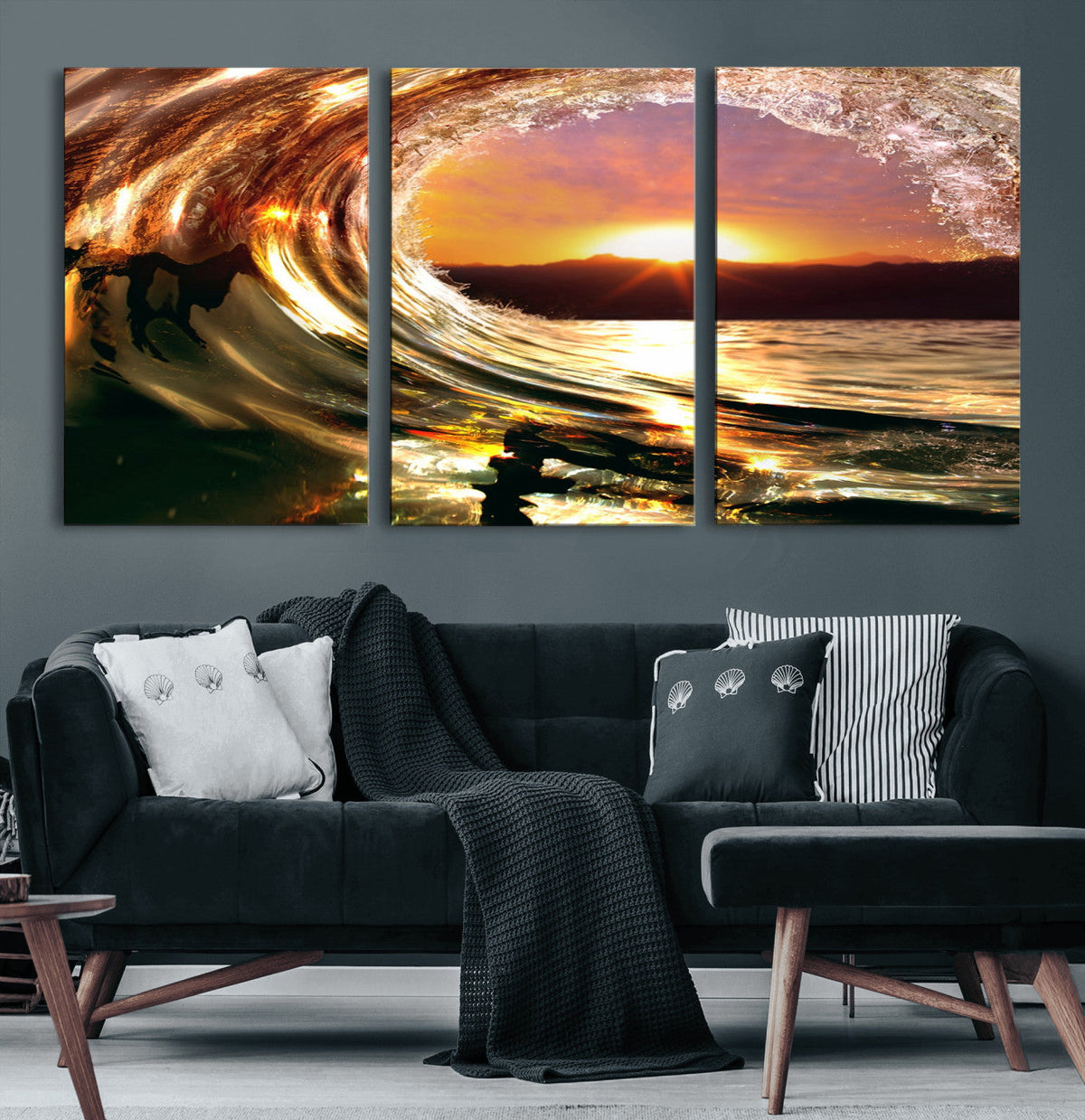 Golden Wave Sunset Triptych Canvas Art, Giclee Canvas Print