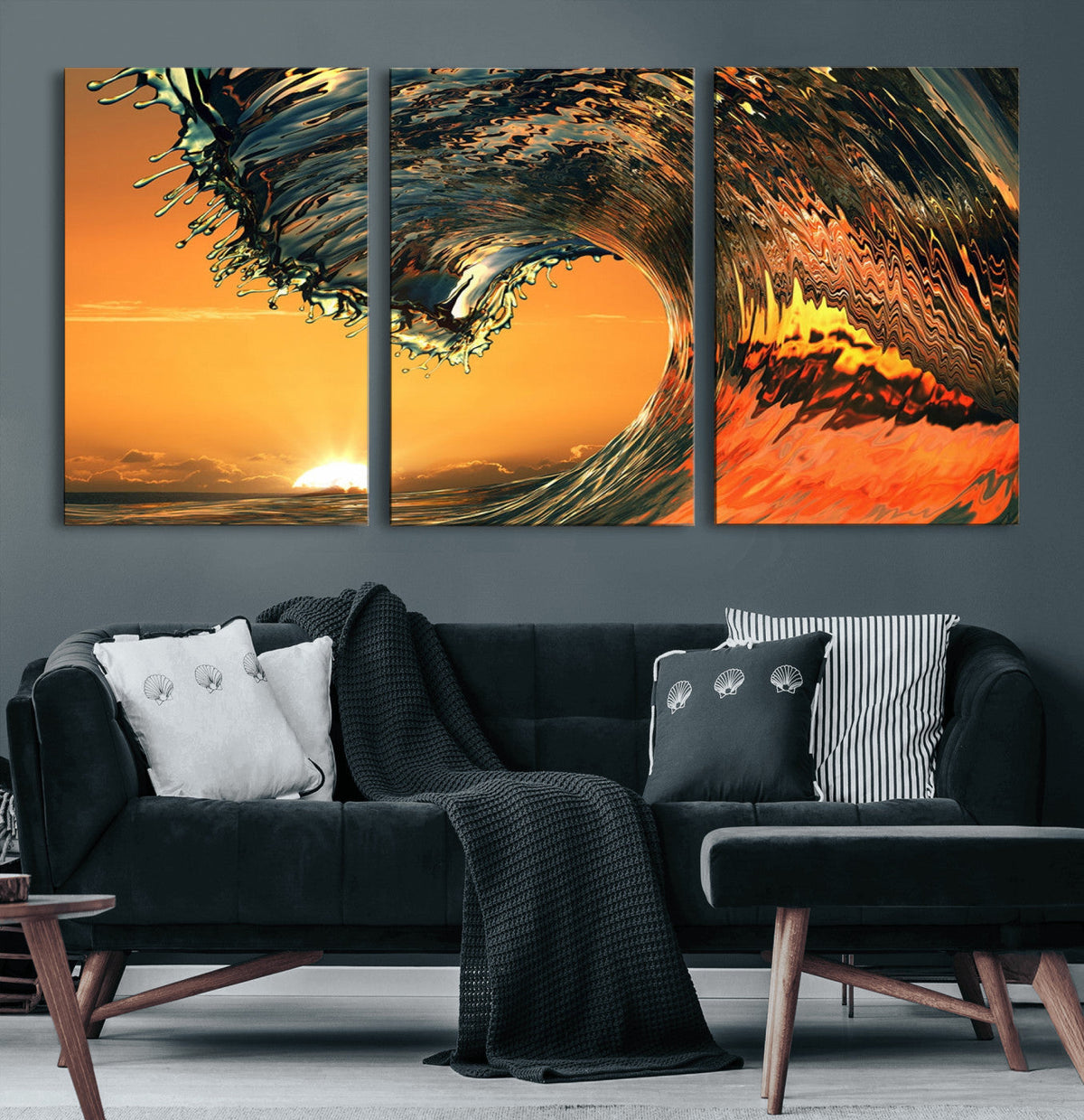 Surf Wave Sunset Canvas Wall Art Print, 3-Panel Ocean