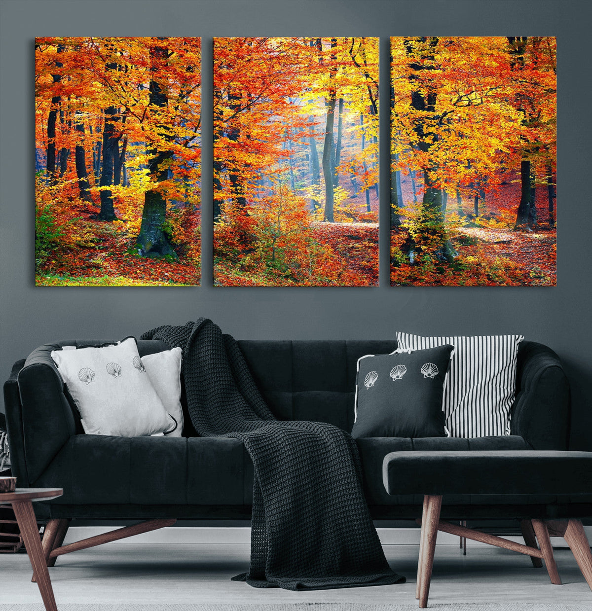 Autumn Red Forest Triptych Canvas Wall Art Print, Forest