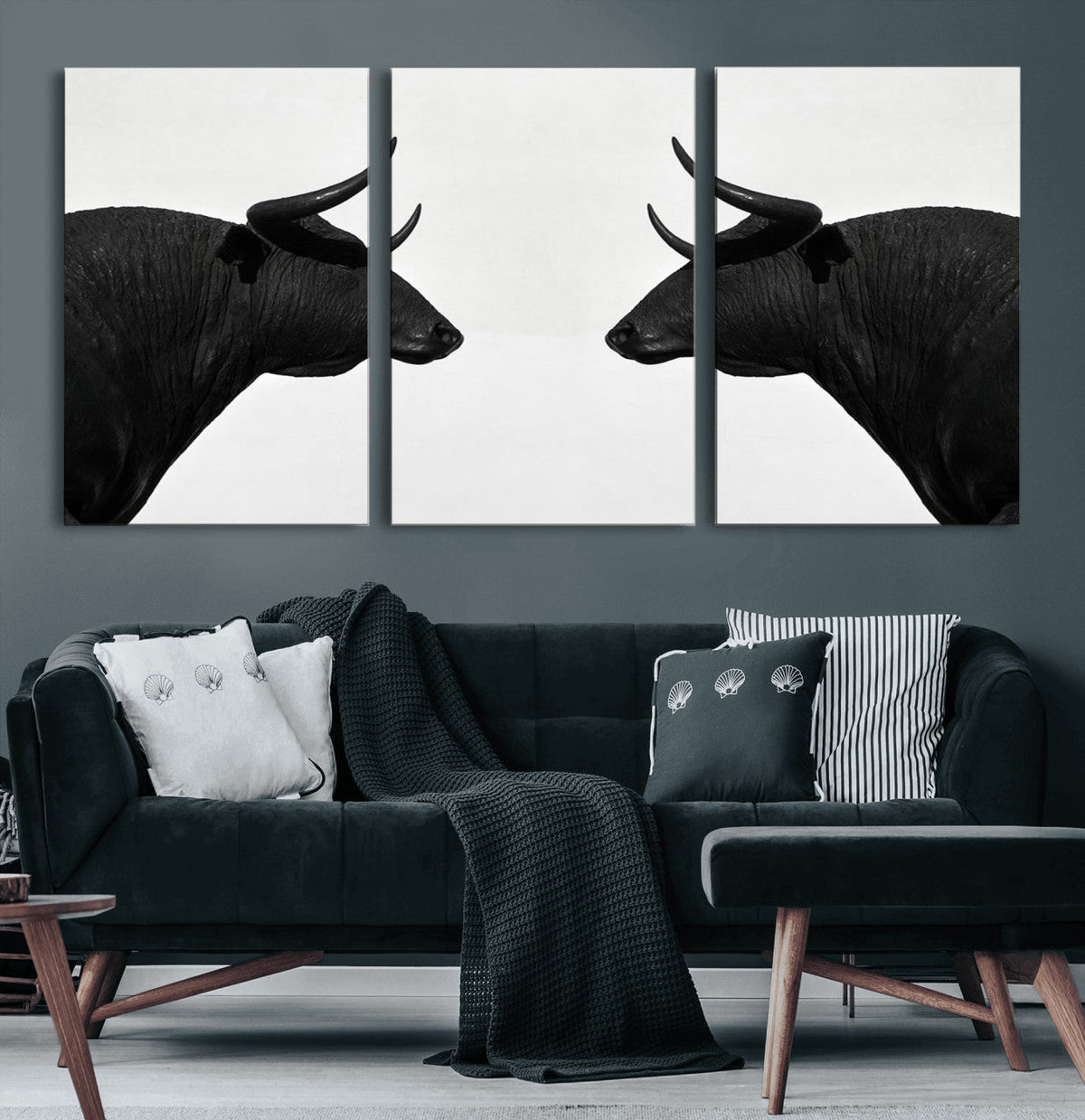 Spanish Bull Art - Framed Black and White Bull Canvas Print