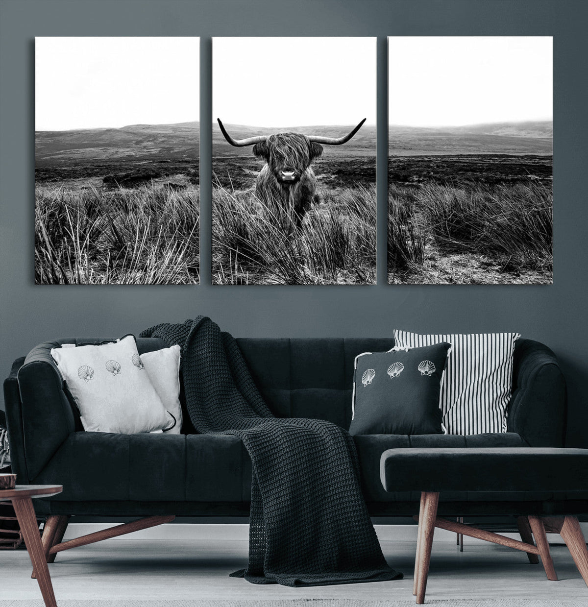 Black and White Highland Cow Canvas Wall Art, Longhorn