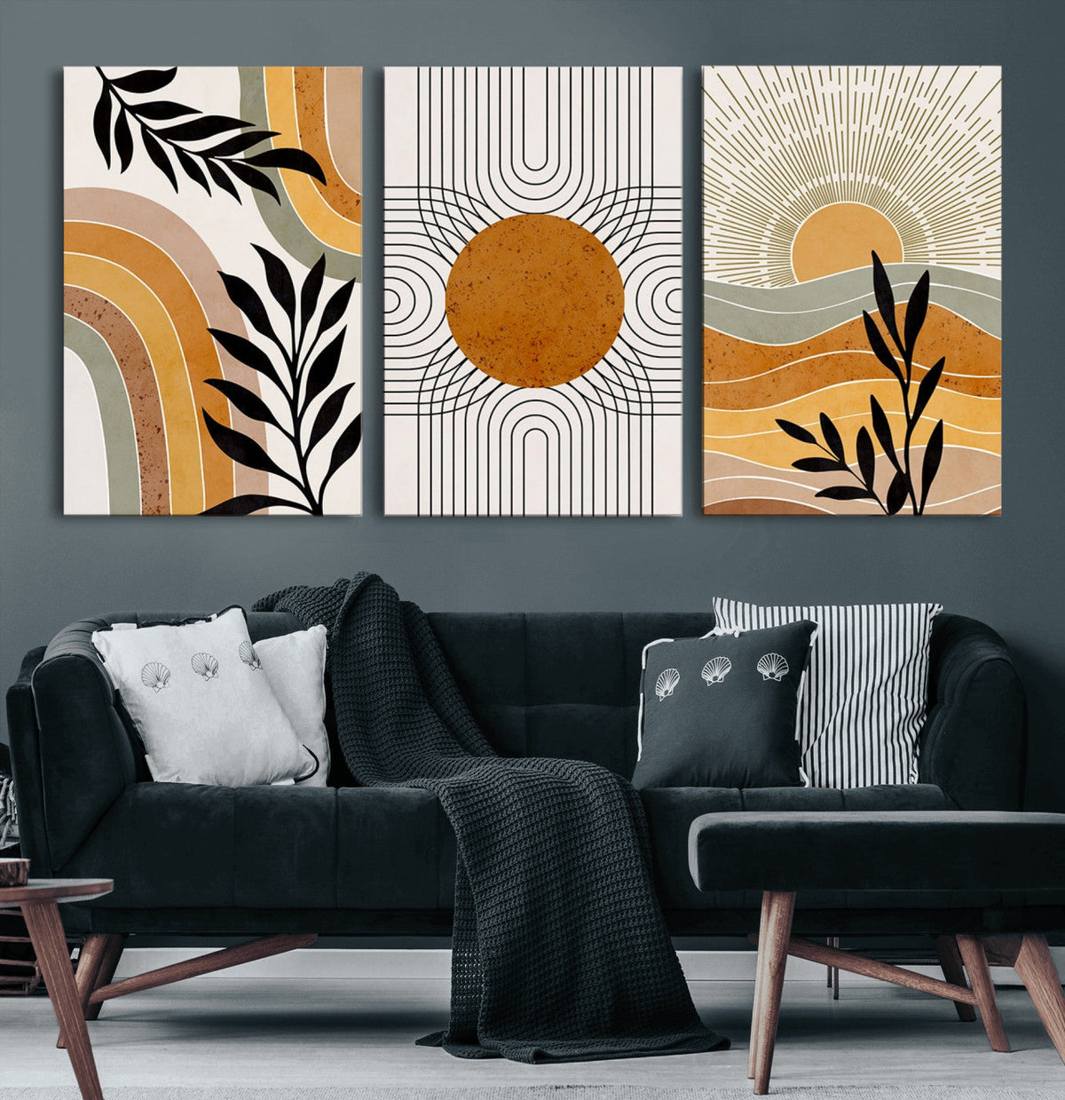 Modern Boho Sun and Leaf Abstract Art – 3-Panel Giclée