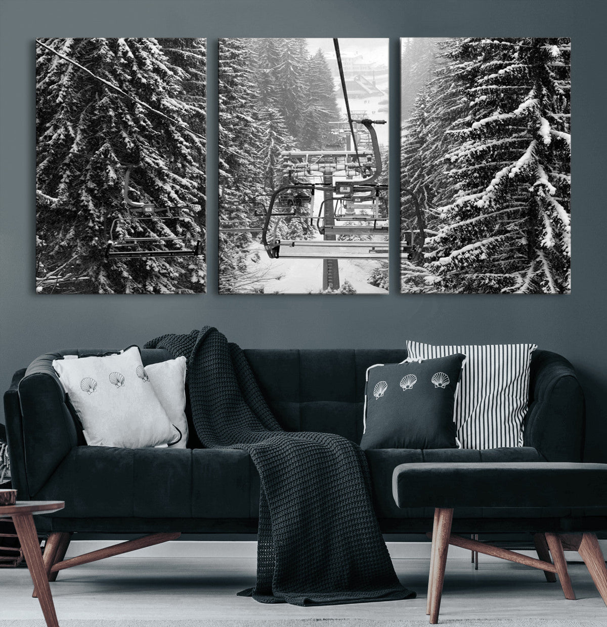 Winter Ski Lift Black and White Canvas Wall Art – Alpine