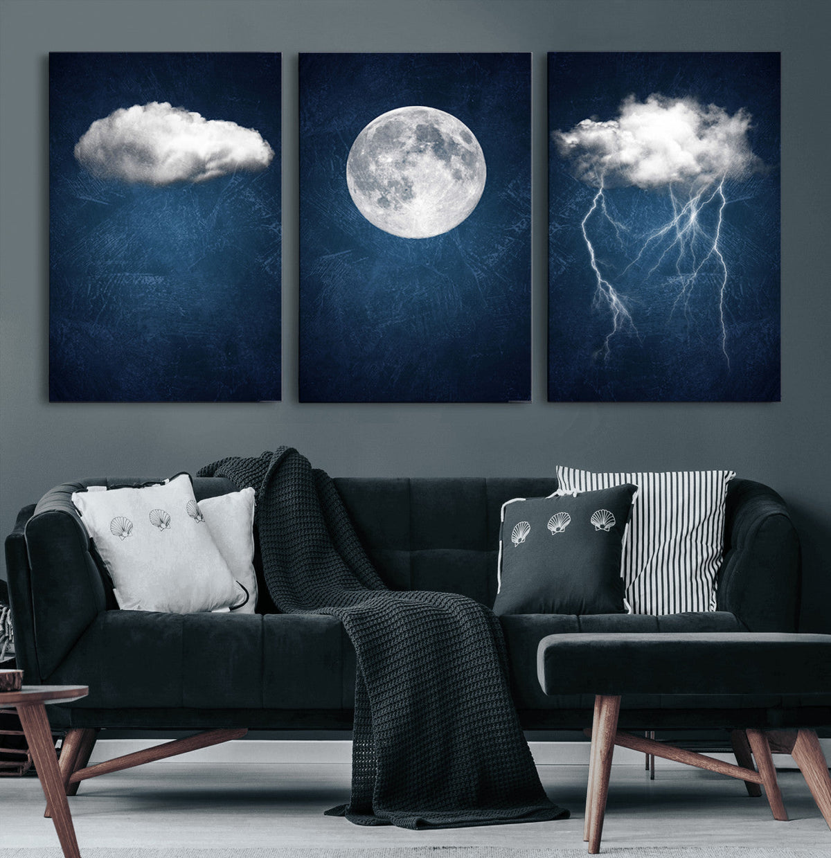 Dark Blue Cloud Art, 3 Piece Indigo Blue Wall Art, Aesthetic