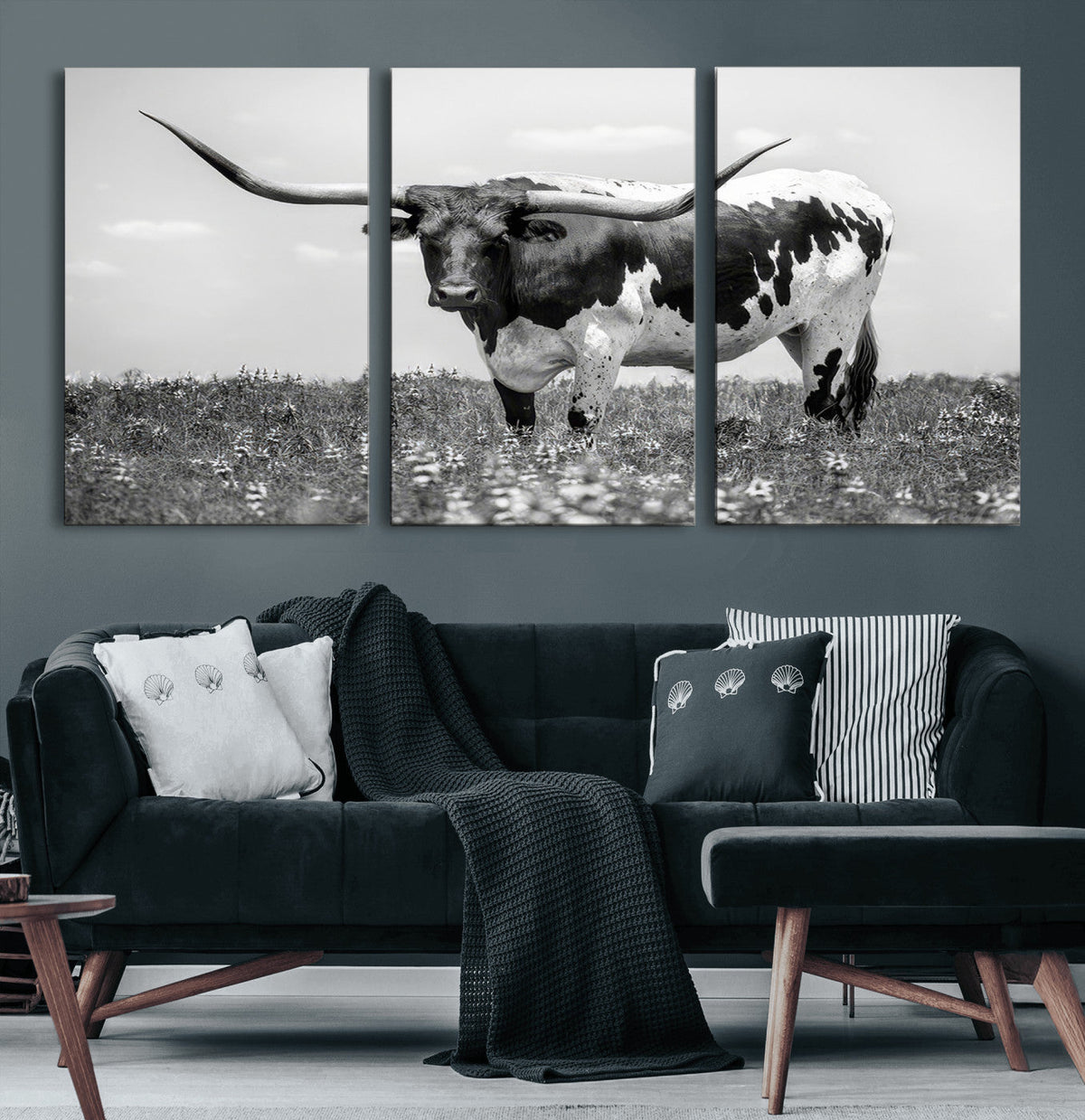 Texas Black White Highland Longhorn Cow Wall Art Canvas