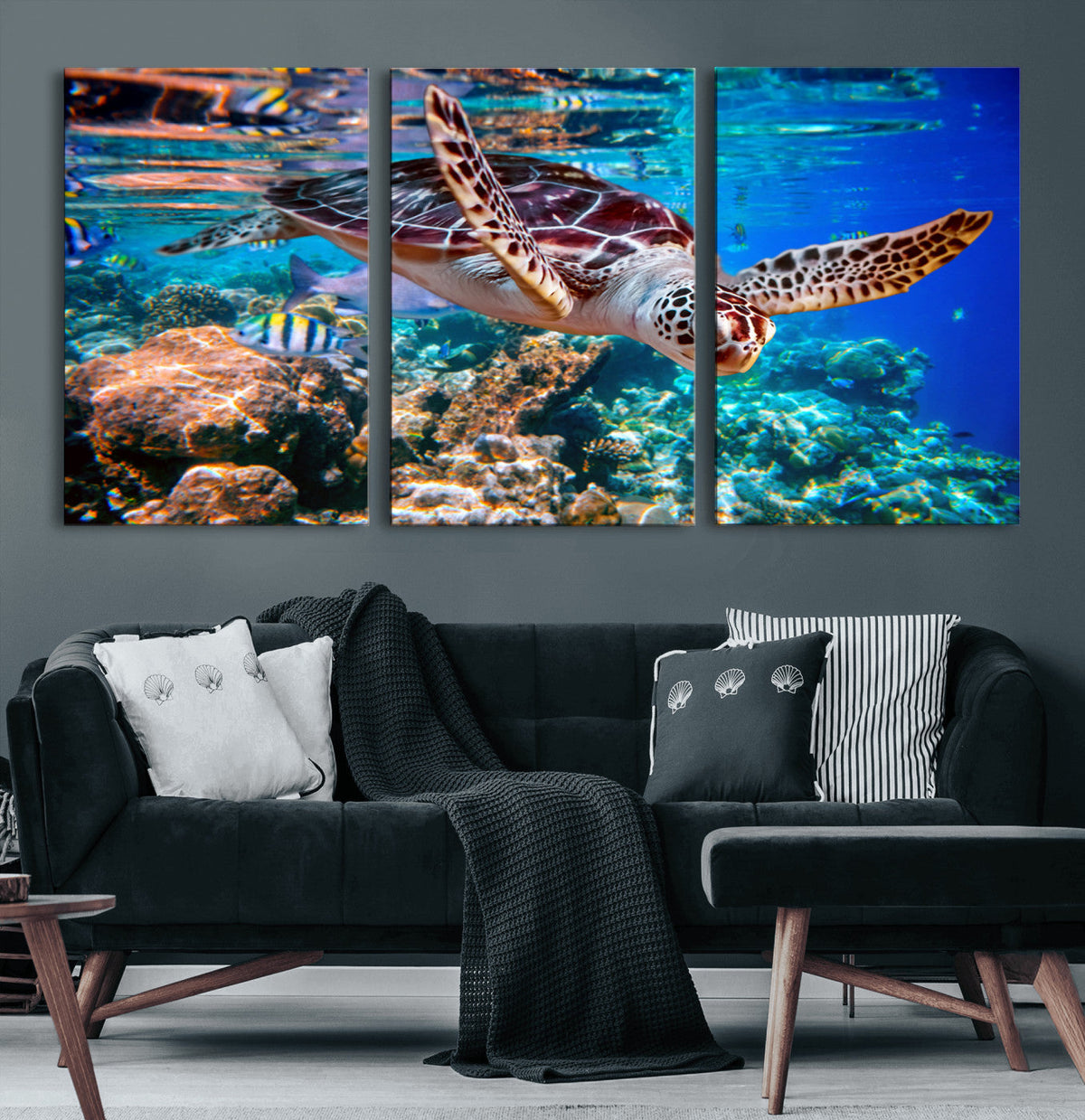 Underwater Coral Reef Sea Turtle Wall Art Canvas Print,