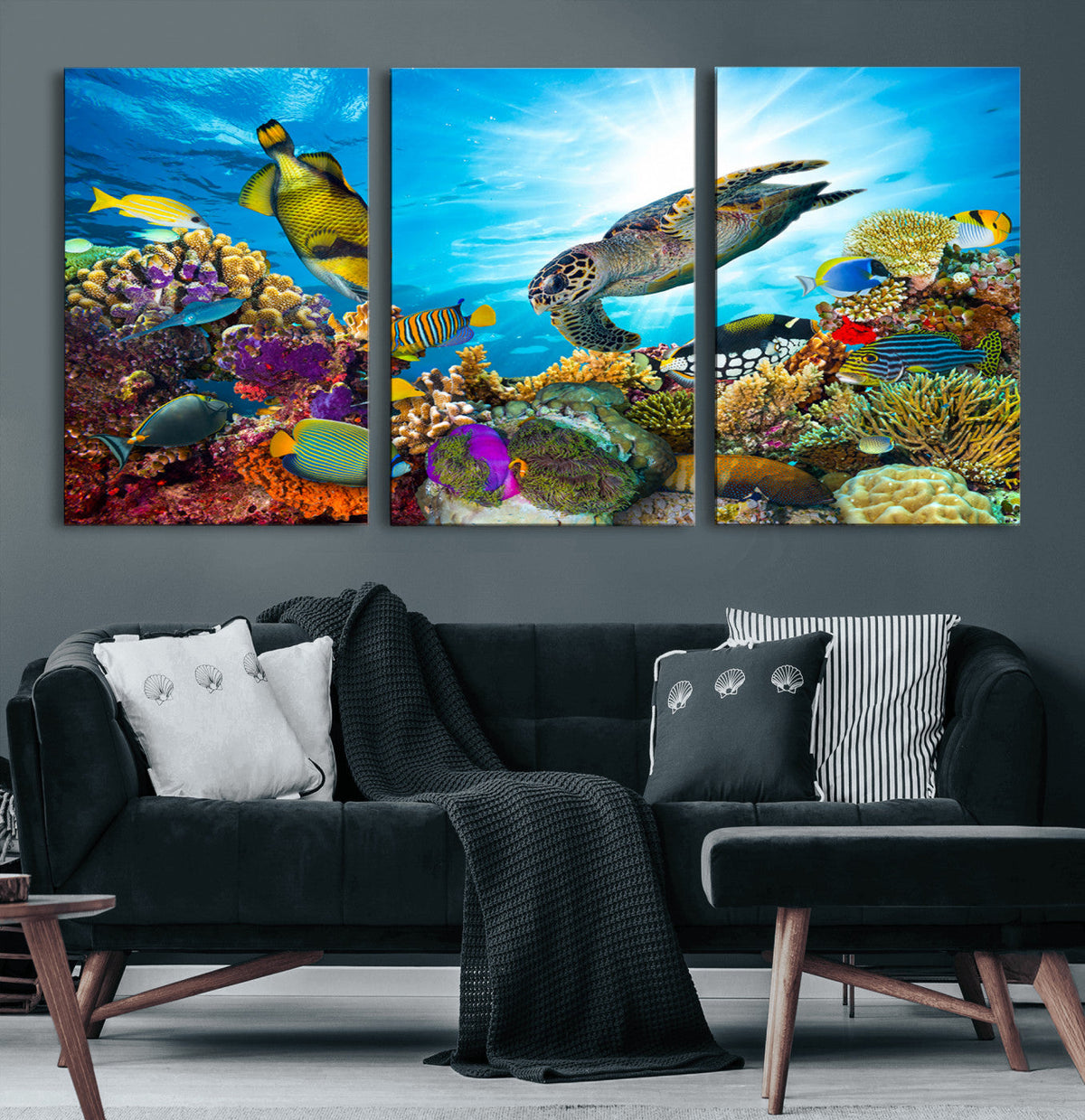 Colorful Coral Reef and Sea Life Turtle Canvas Print,