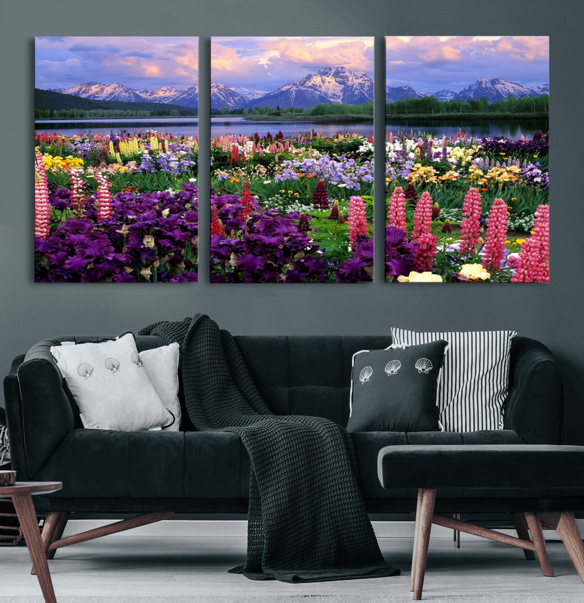 Vibrant Wildflower Garden and Mountain View Giclee Canvas