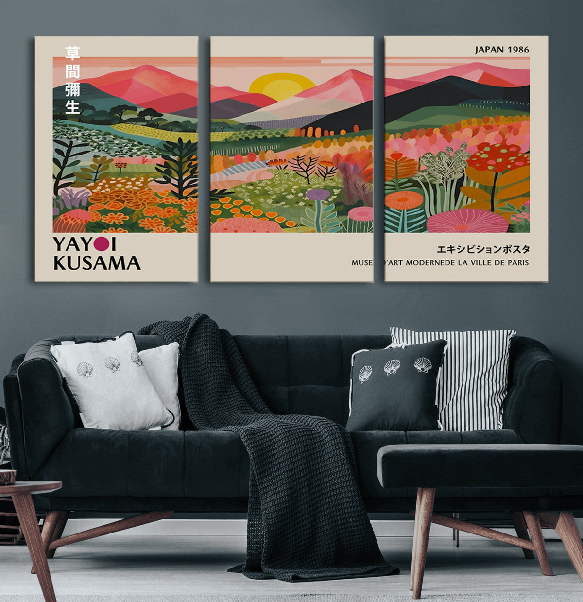Yayoi Kusama Landscape Canvas Print, Vibrant Floral Mountain Art Print, Framed Botanical Wall Art -