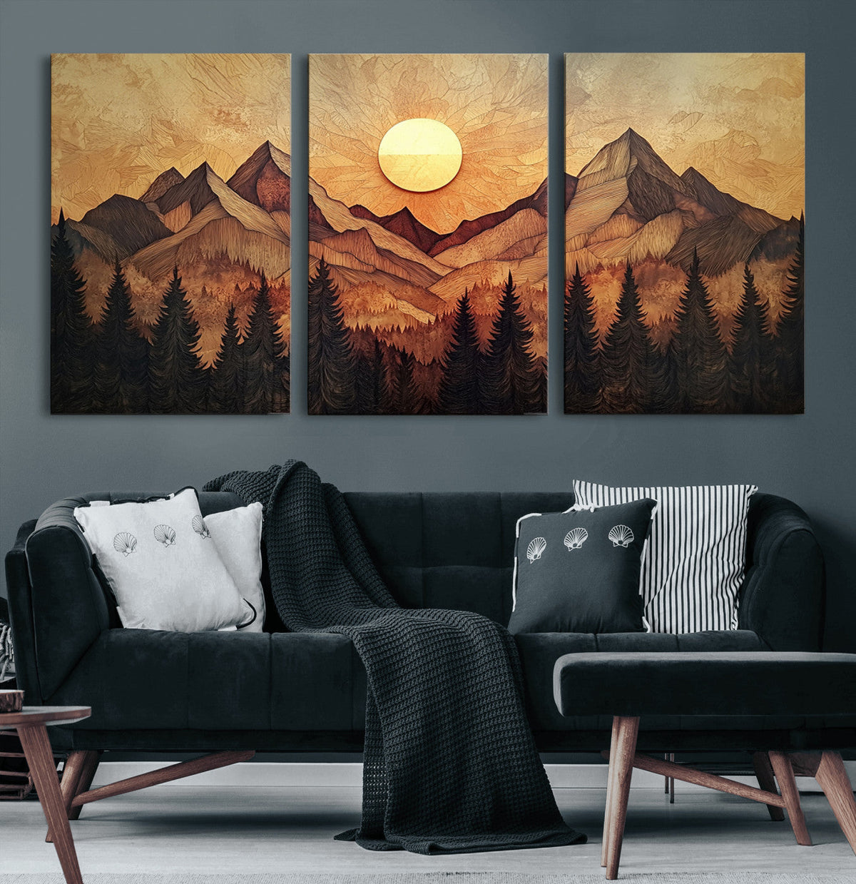 Wood Style Abstract Mountain Sunset Canvas Wall Art Print -