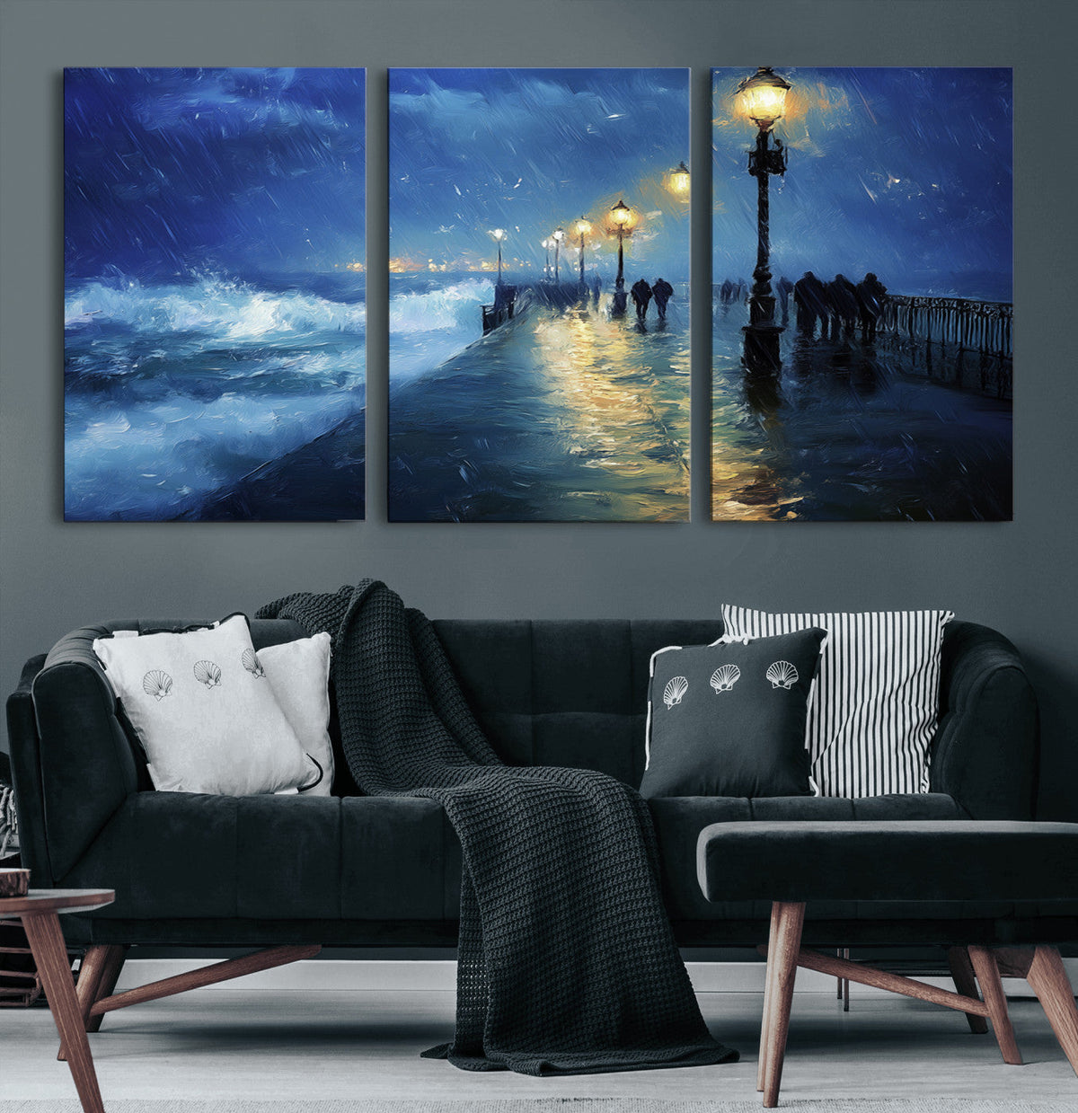 Storm Ocean Pier Canvas Wall Art Print - Large Moody Night