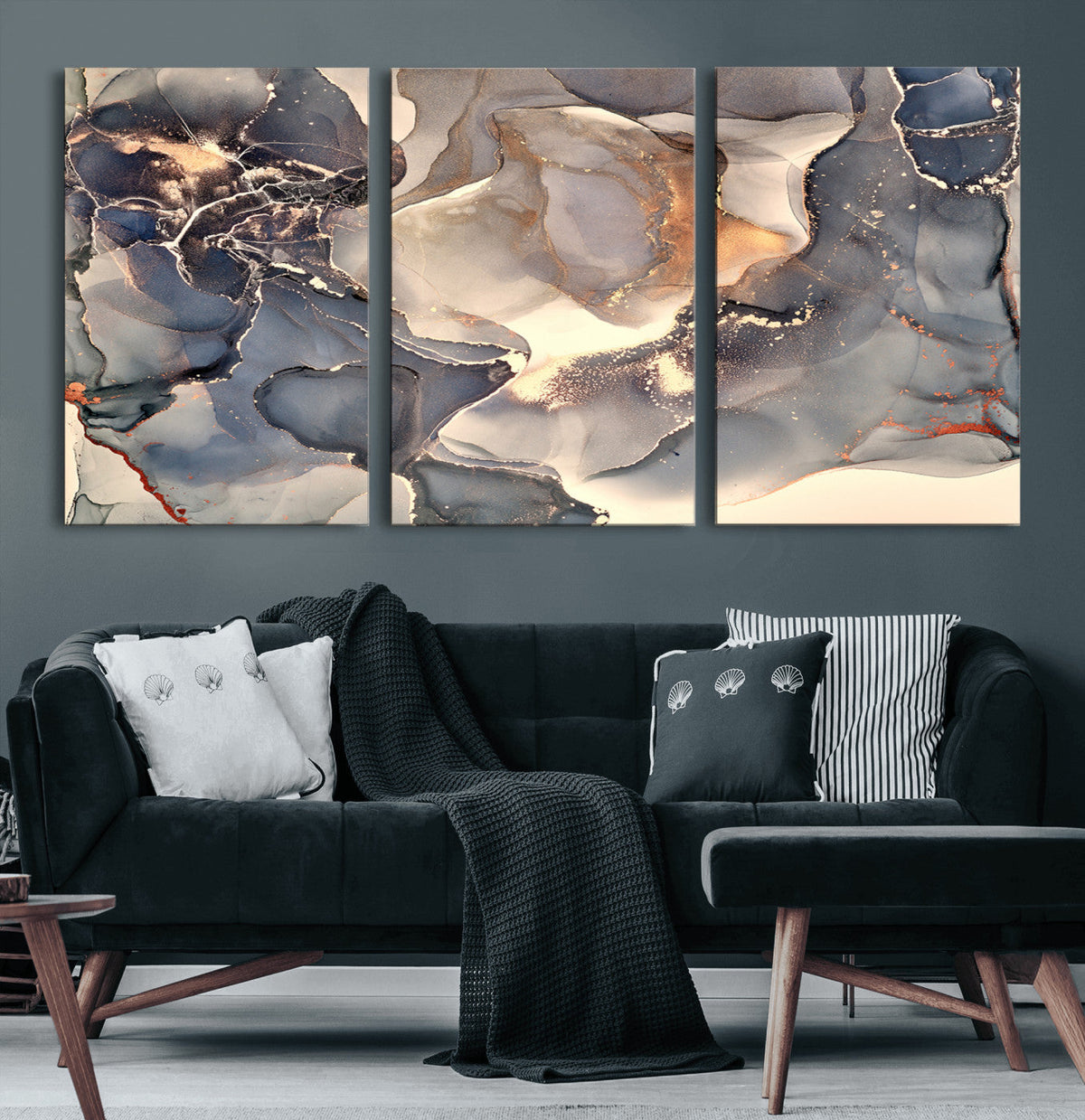 Abstract Blue and Gold Wall Art - Fluid Ink Artwork - Modern
