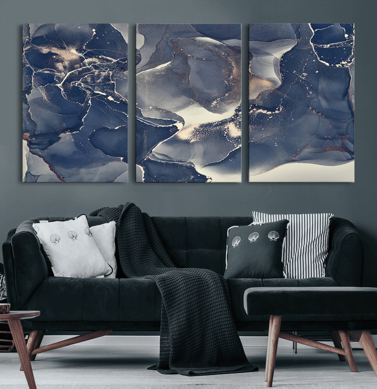 Large Abstract Blue and Gold Canvas Wall Art Fluid Ink