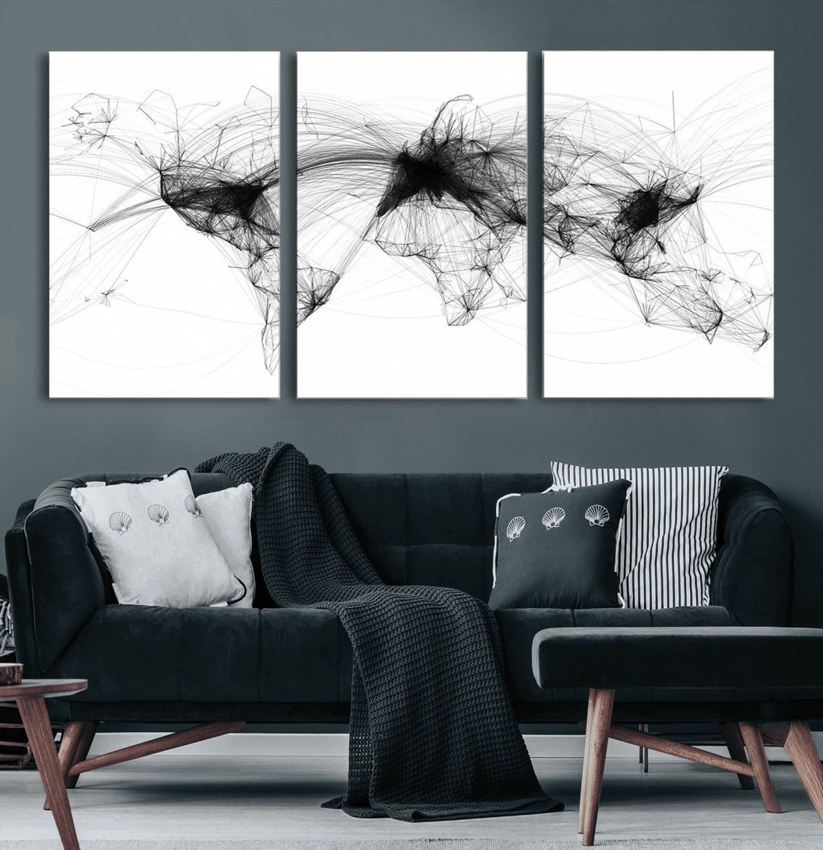 Abstract World Map Wall Art – Framed Geometric Line Canvas
