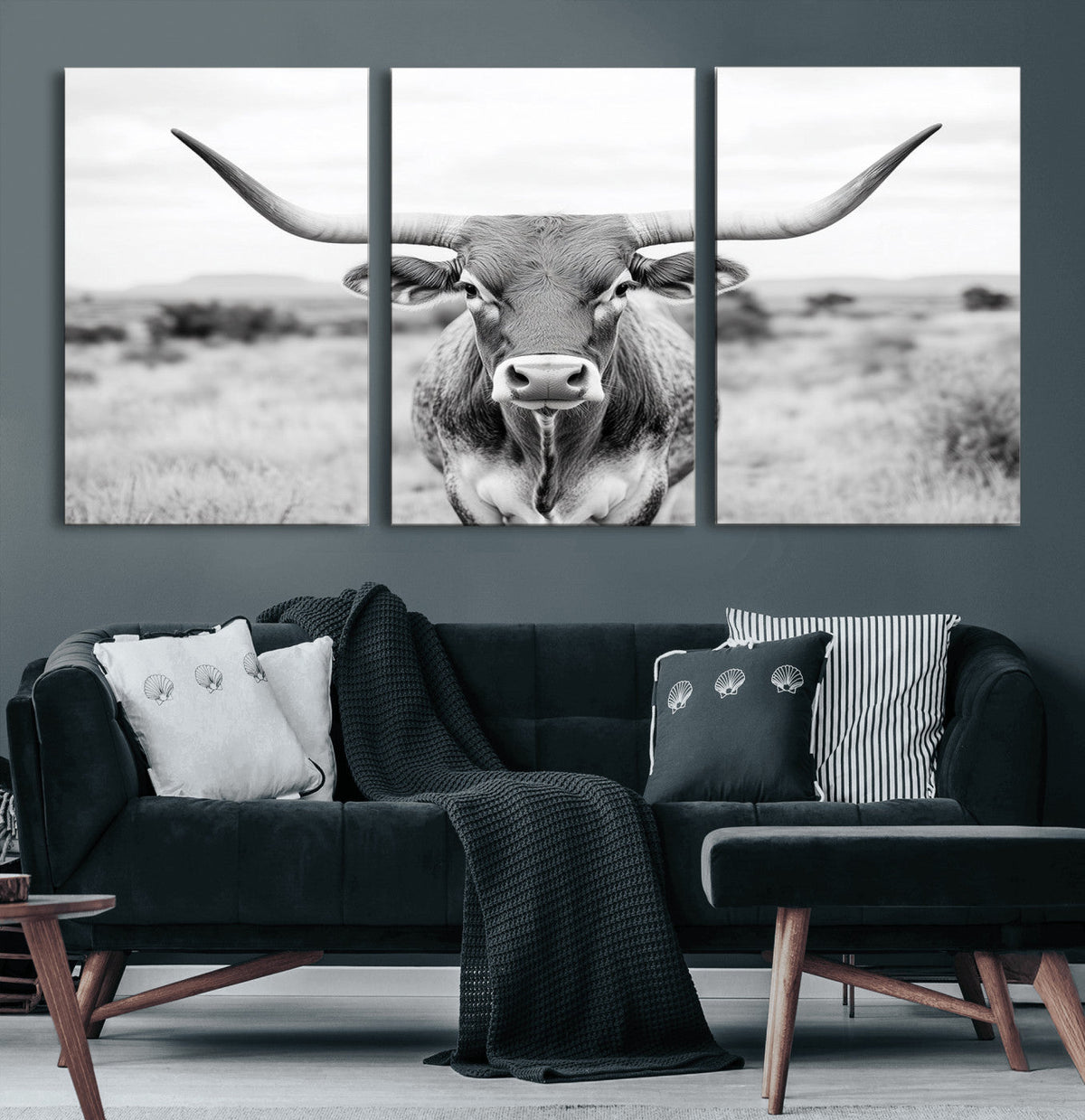 Highland Cow Wall Art Canvas Print – Black and White Western