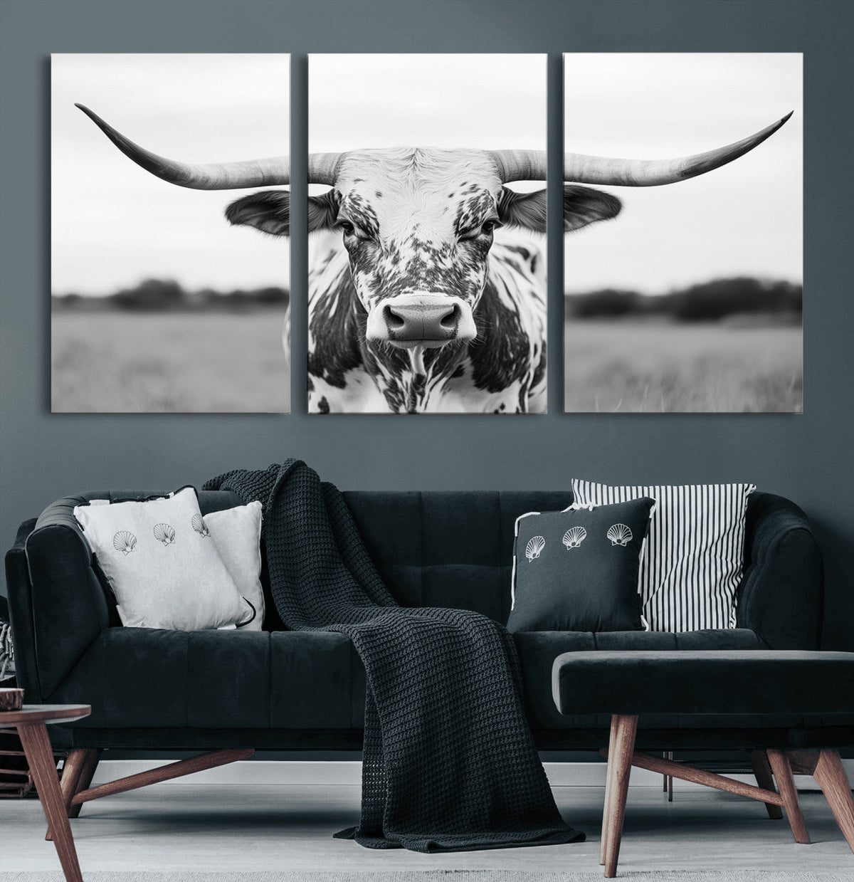 Highland Cow Wall Art Canvas Print – Black and White Western