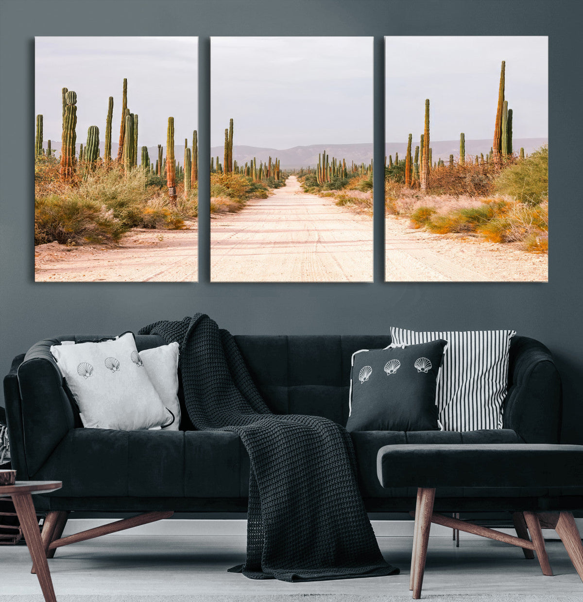 Desert Cactus Lined Road Wall Art Canvas Print – Framed