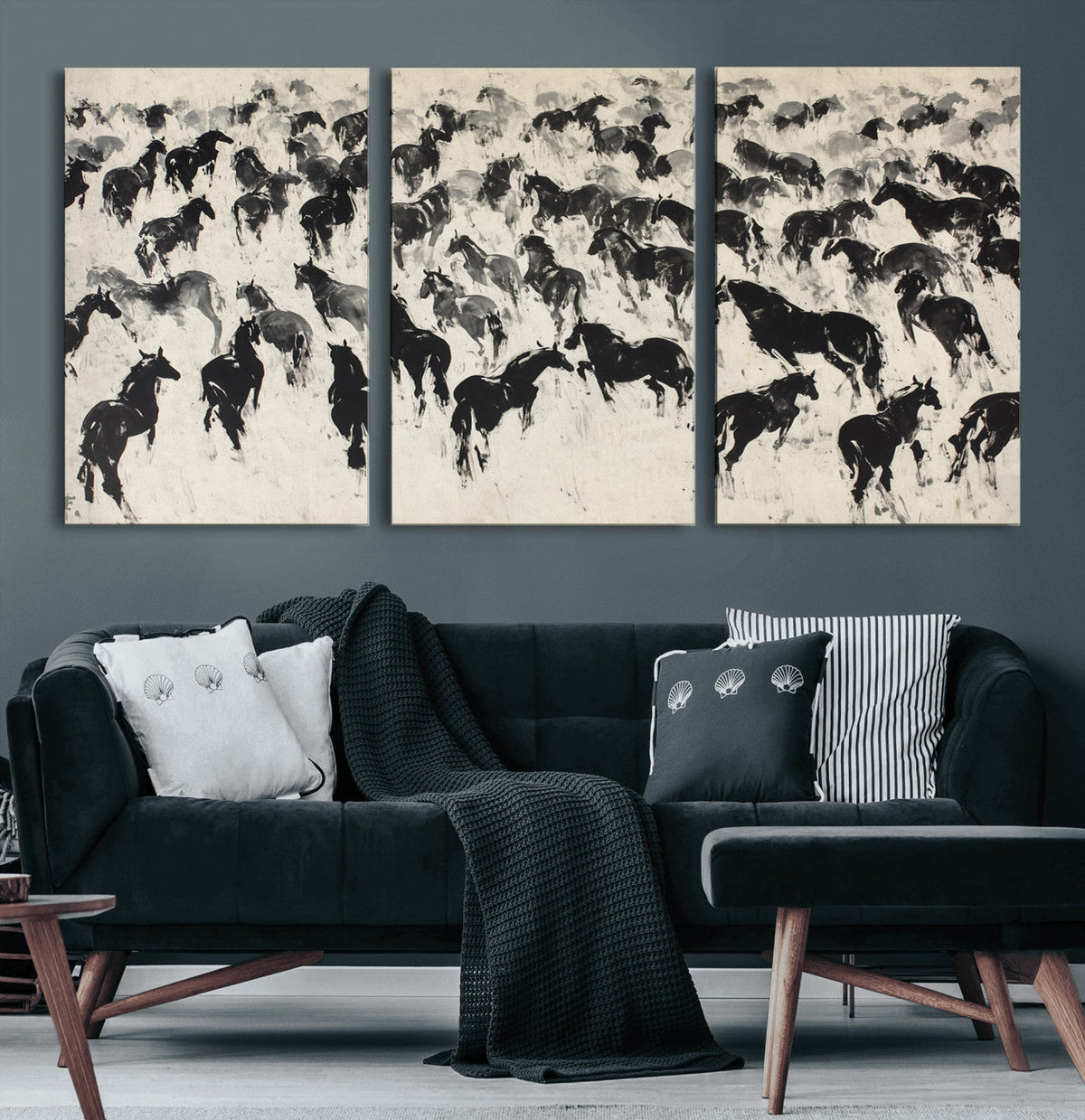 Wild Horse Stampede Wall Art Canvas Print – Monochrome