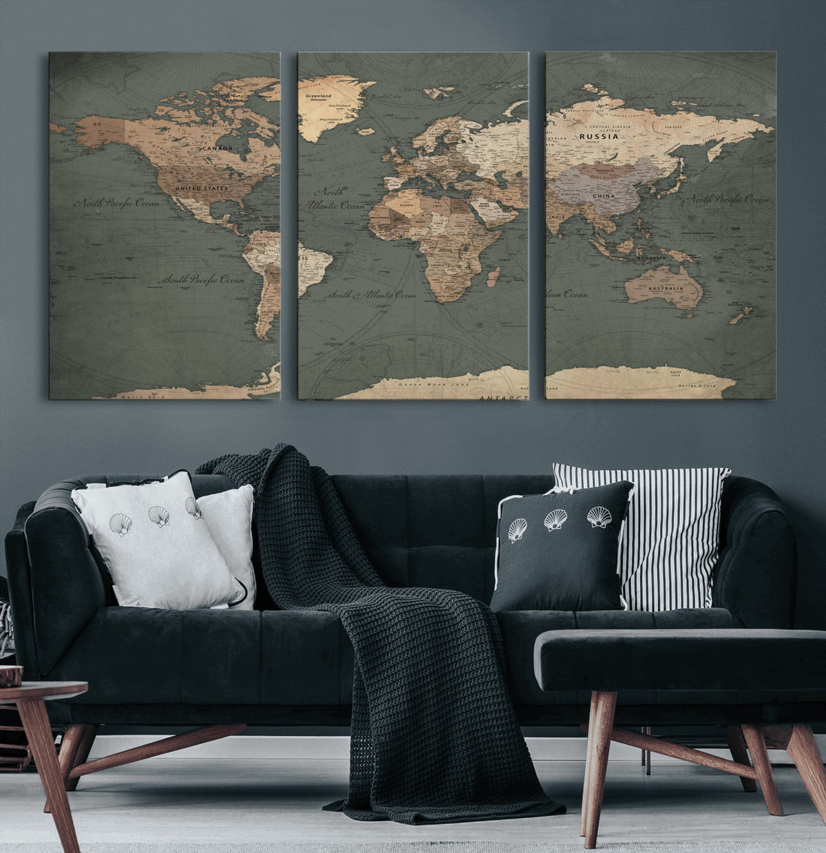 Rustic Black and Wood World Map Canvas Wall Art – Framed