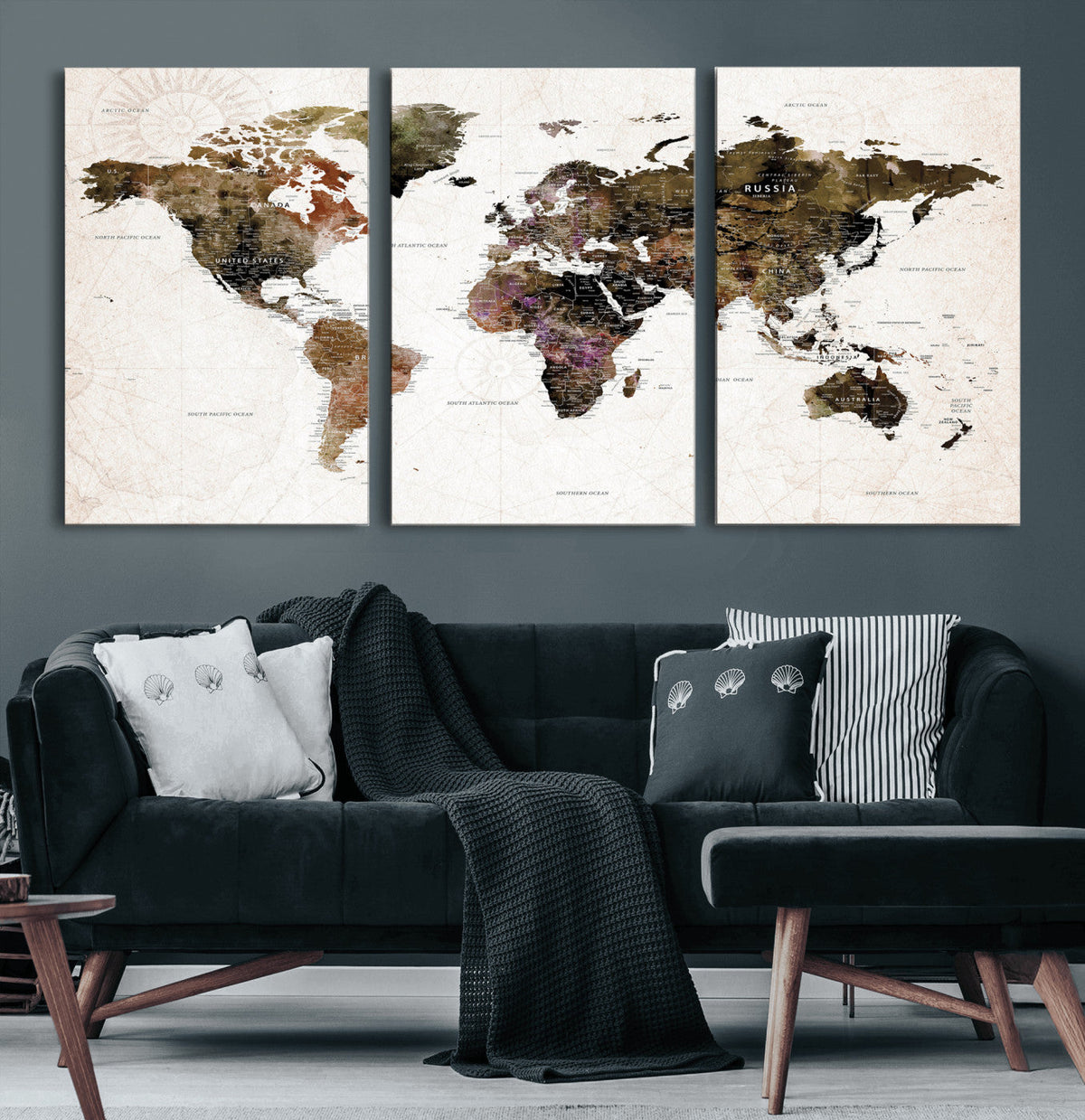 Watercolor World Map Print - Large Wall Art Canvas Print for