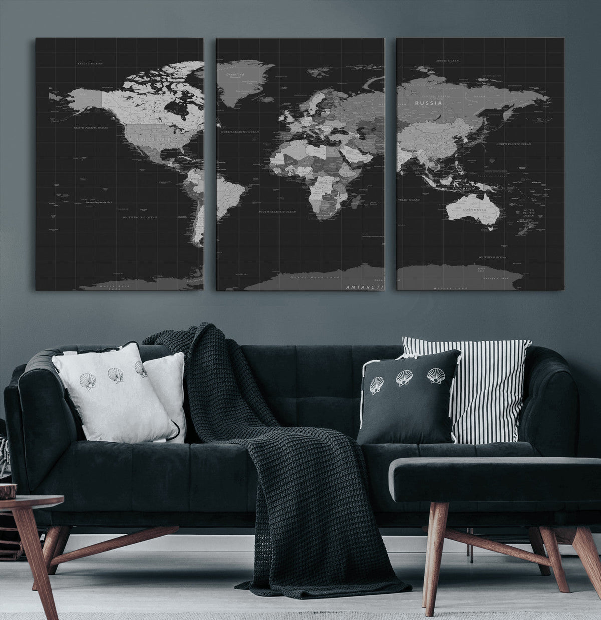 Black World Map Wall Art Canvas Print – Detailed Map of the