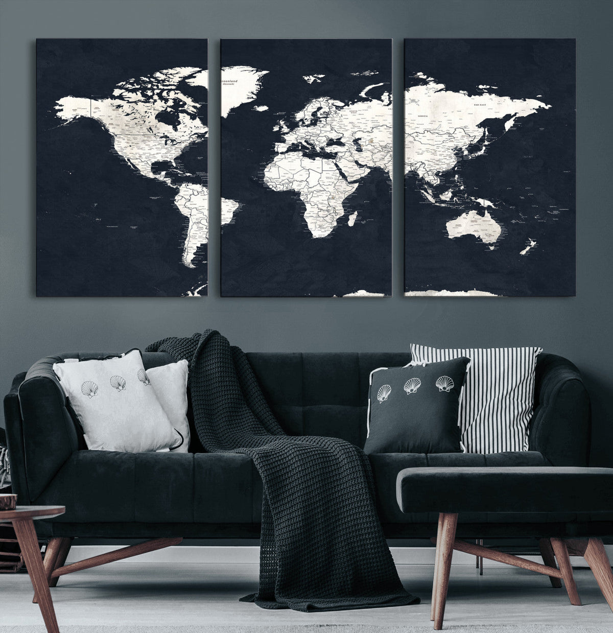 Black World Map Wall Art Canvas Print for Home Office and