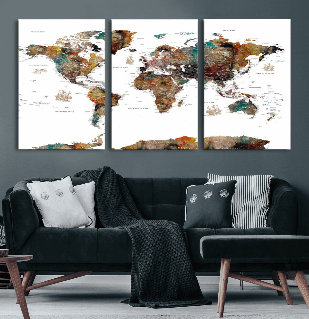 Watercolor World Map Canvas Print – Detailed Map of the