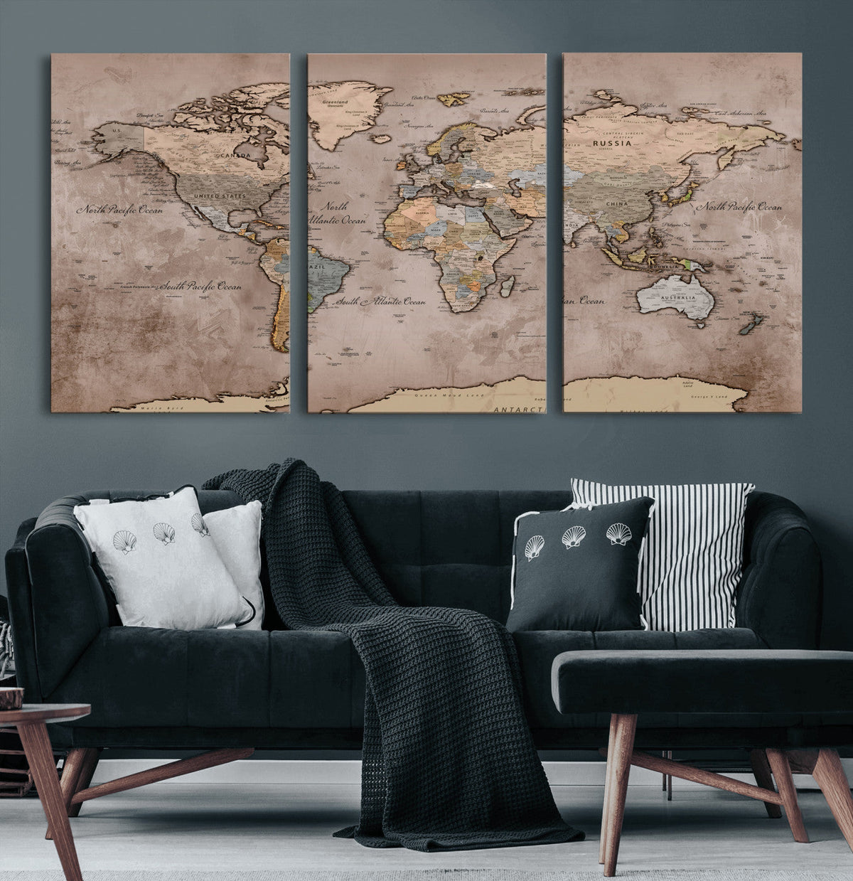 Grunge World Map Canvas Wall Art - Vintage Aged World Map