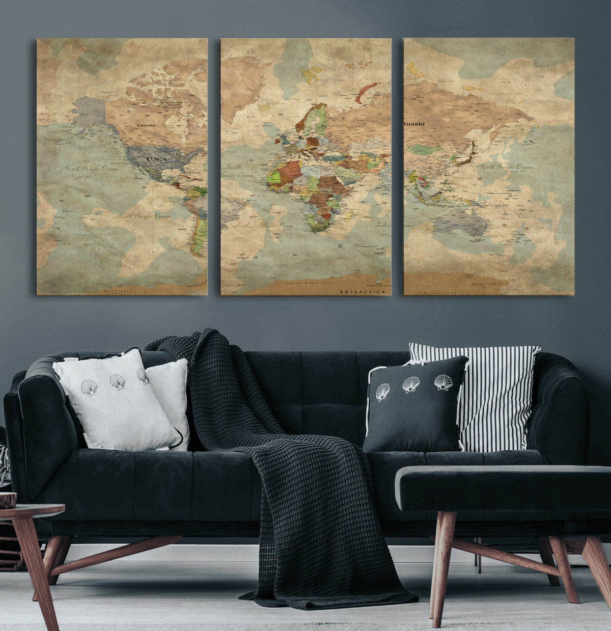 World Map Wall Art Canvas Print, Rustic Map Print, Framed