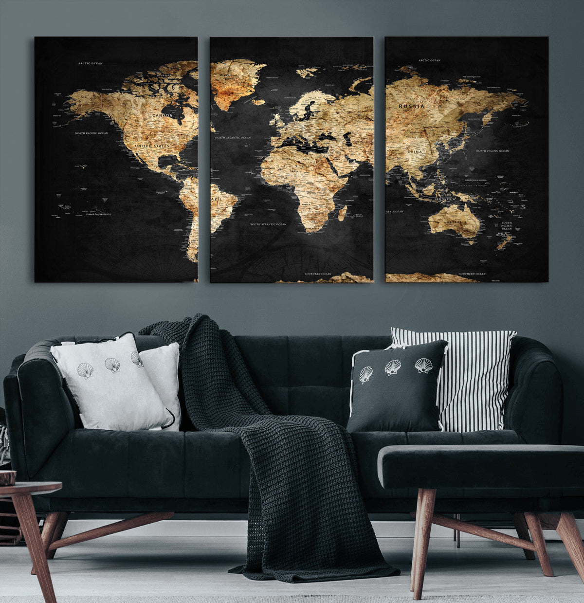 World Map Canvas Wall Art with Famous Landmarks – Framed
