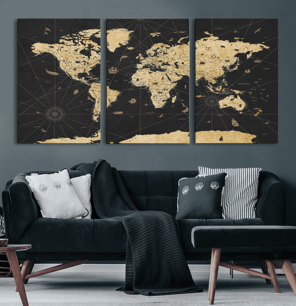 Vintage Blue and Brown World Map Canvas Wall Art – Framed