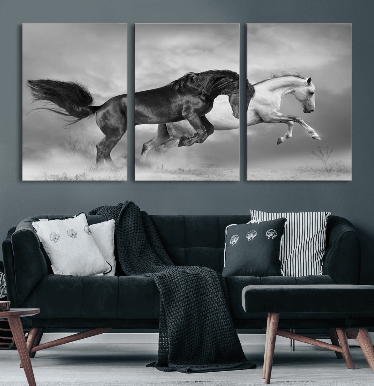 Wild Horses Wall Art Canvas Print – Framed Black and White