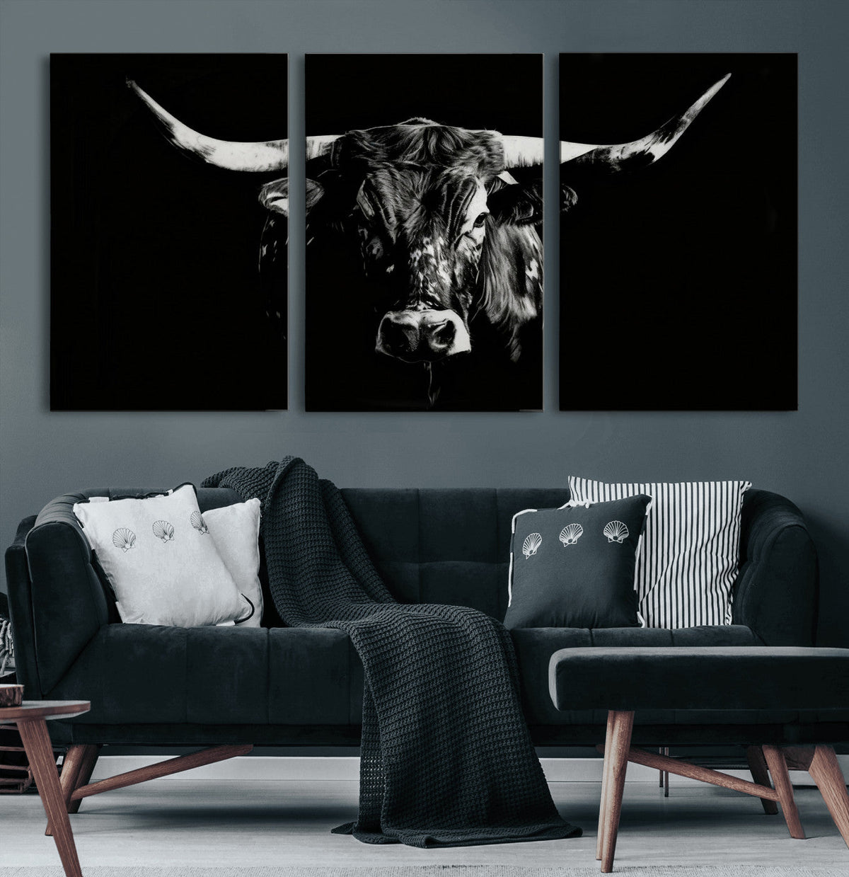 Black Bull Wall Art Canvas Print, Dark Longhorn Portrait