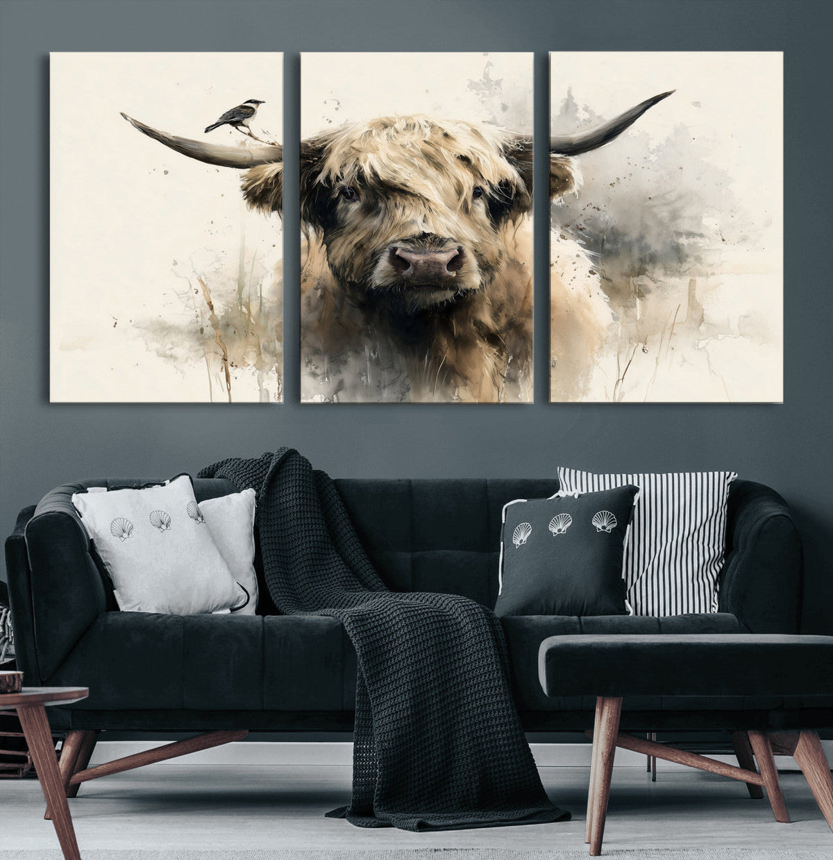 Abstract Highland Cow Wall Art Canvas Print, Rustic Farm