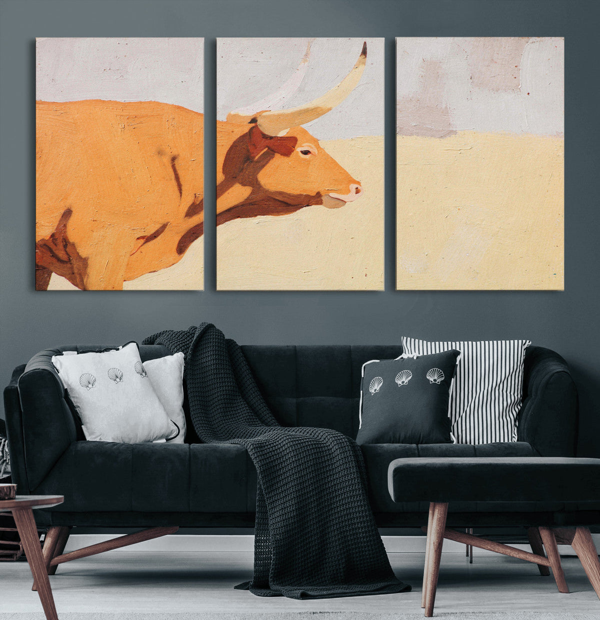 Minimal Longhorn Bull Wall Art Canvas Print, Neutral Western