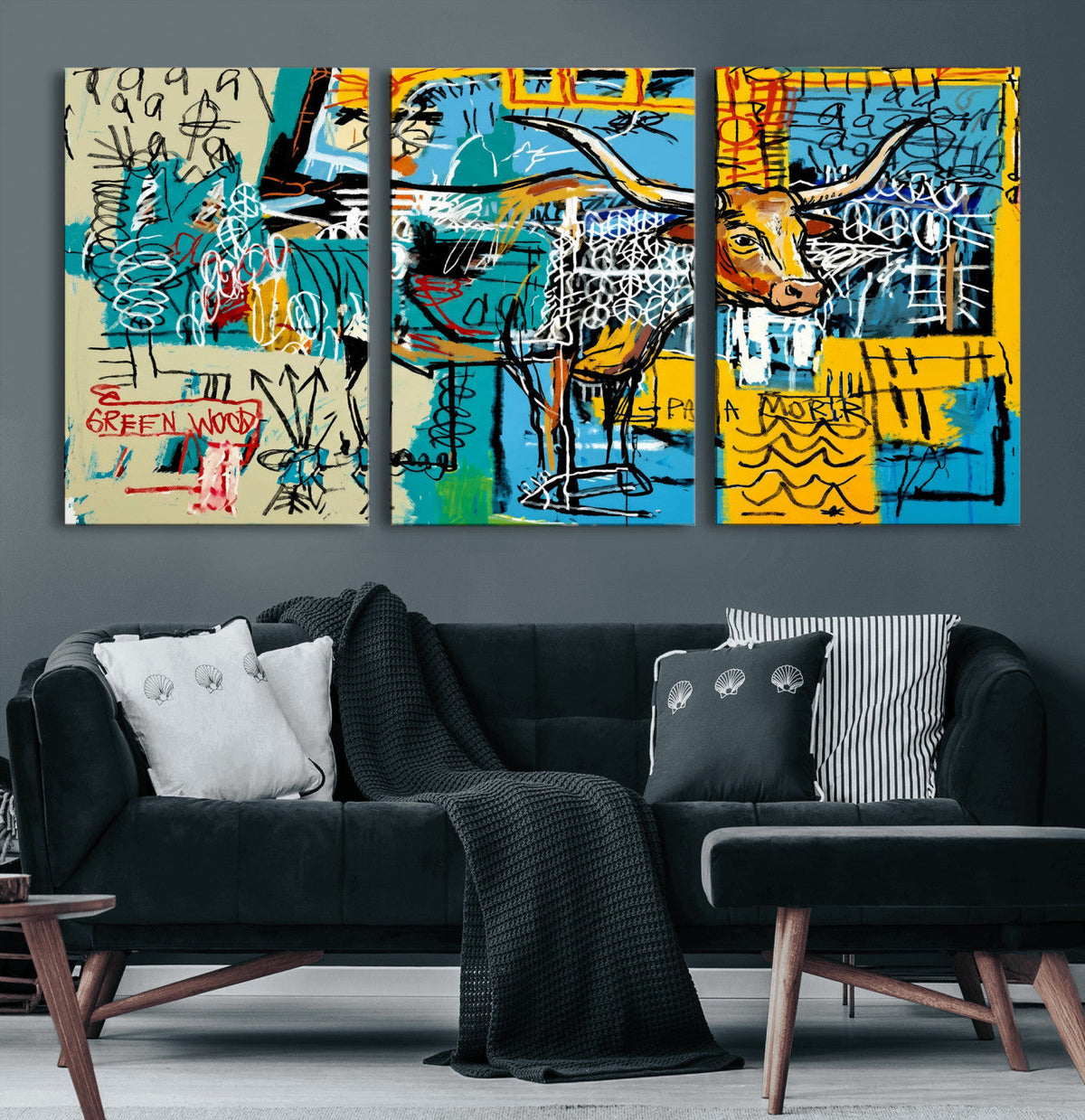 Basquiat Style Bird Bull Graffiti Wall Art Canvas Print,