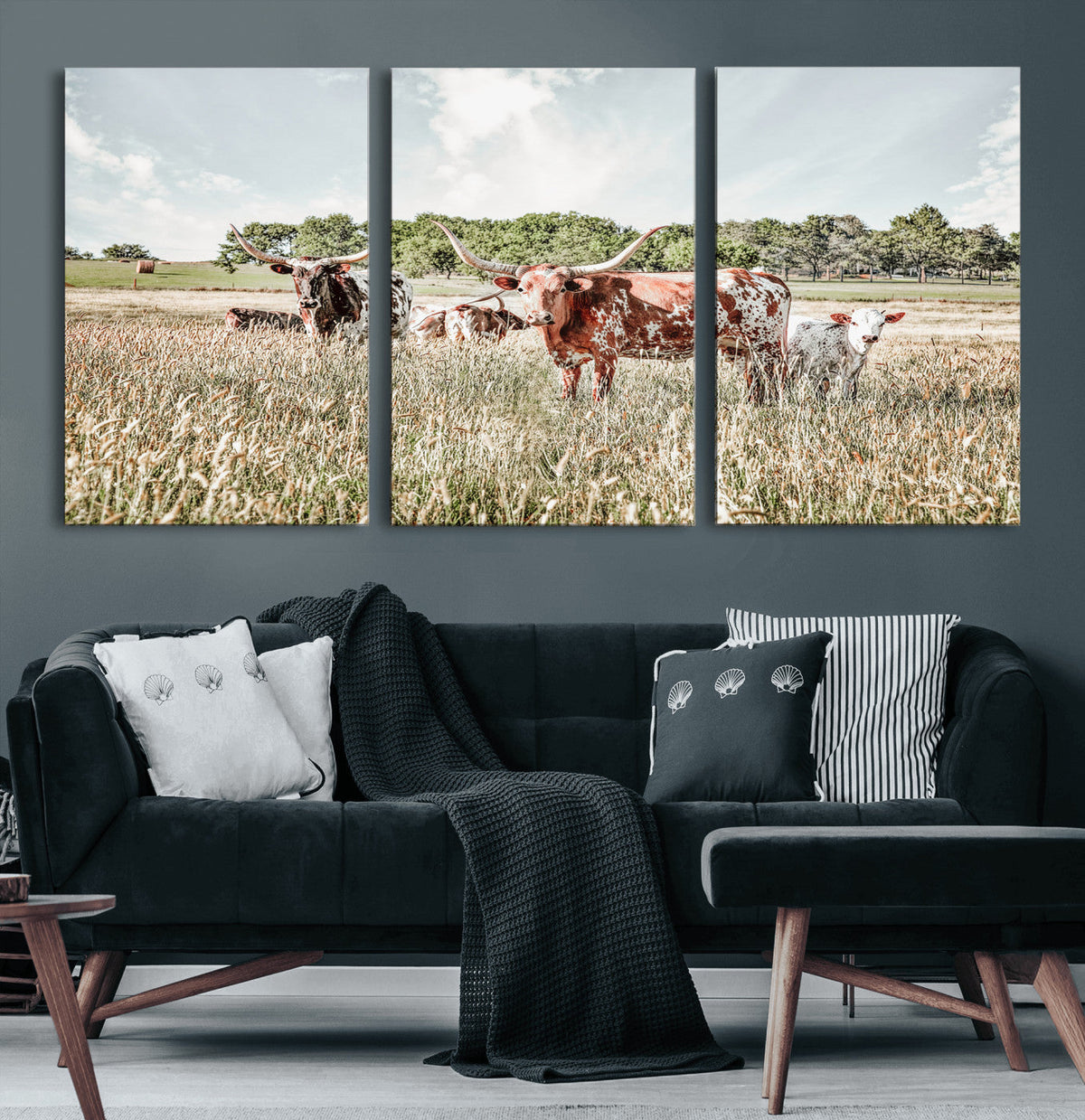 Texas Longhorn Cattle Wall Art Canvas Print, Rustic Ranch