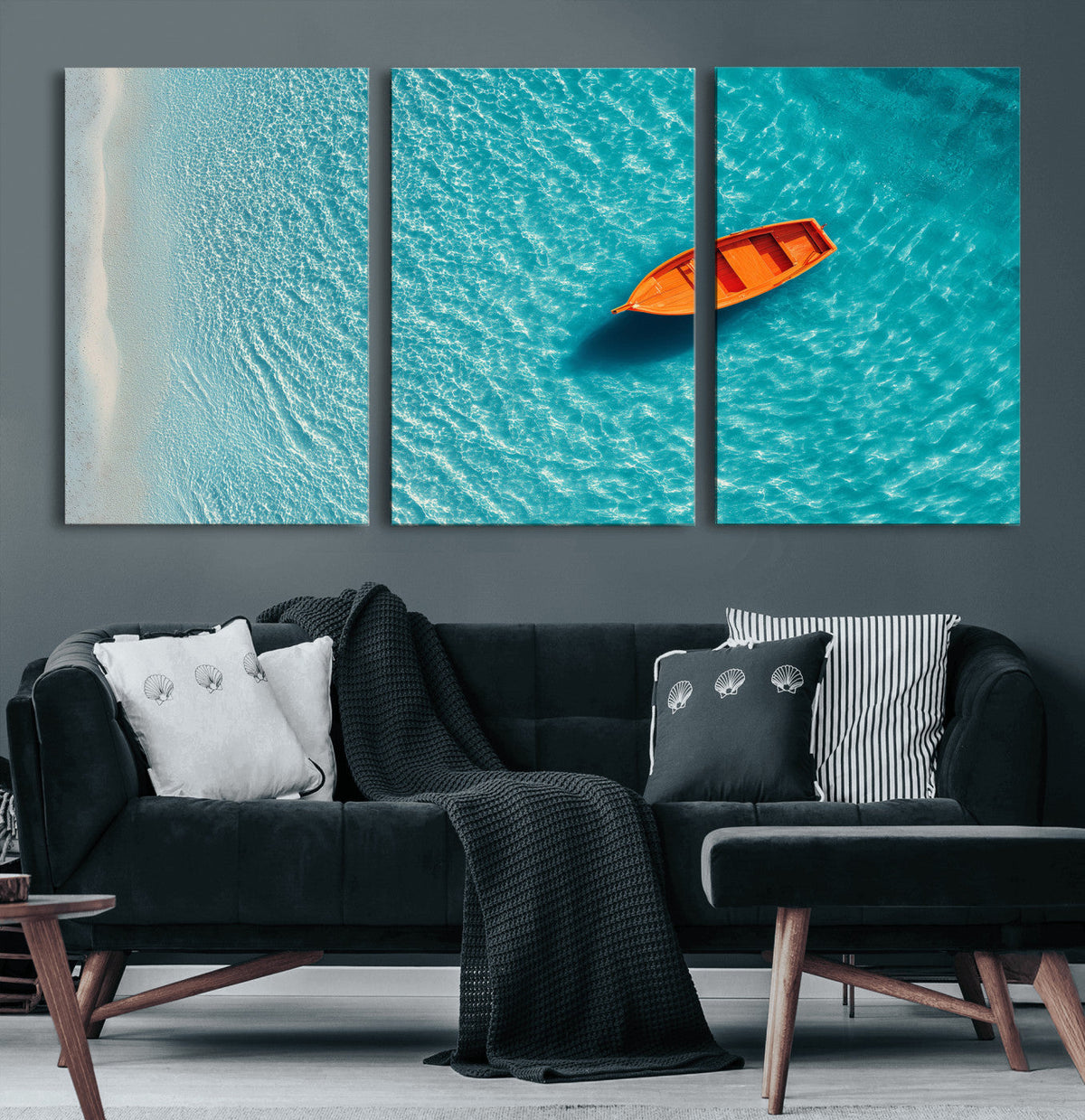 Minimalist Boat Wall Art Canvas Print, Aerial Sea Landscape