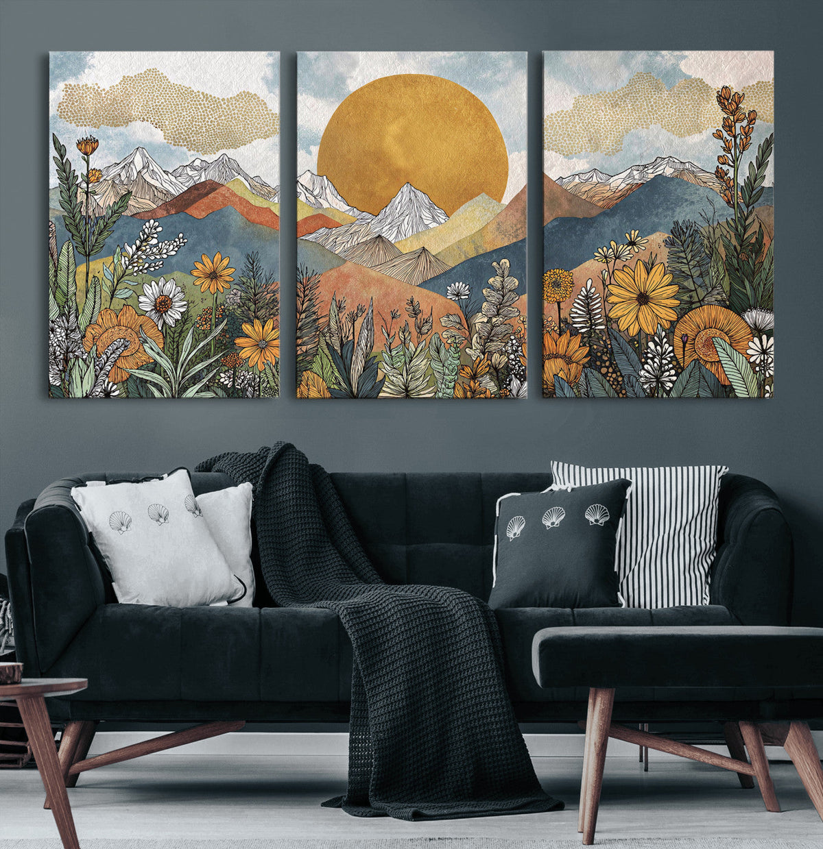 Boho Mountain Landscape Large Wall Art, Horizontal Gold