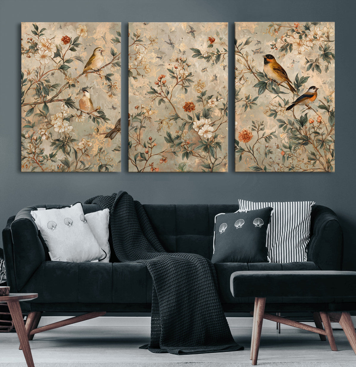 Vintage Birds and Flowers Wall Art Canvas Print, Botanical
