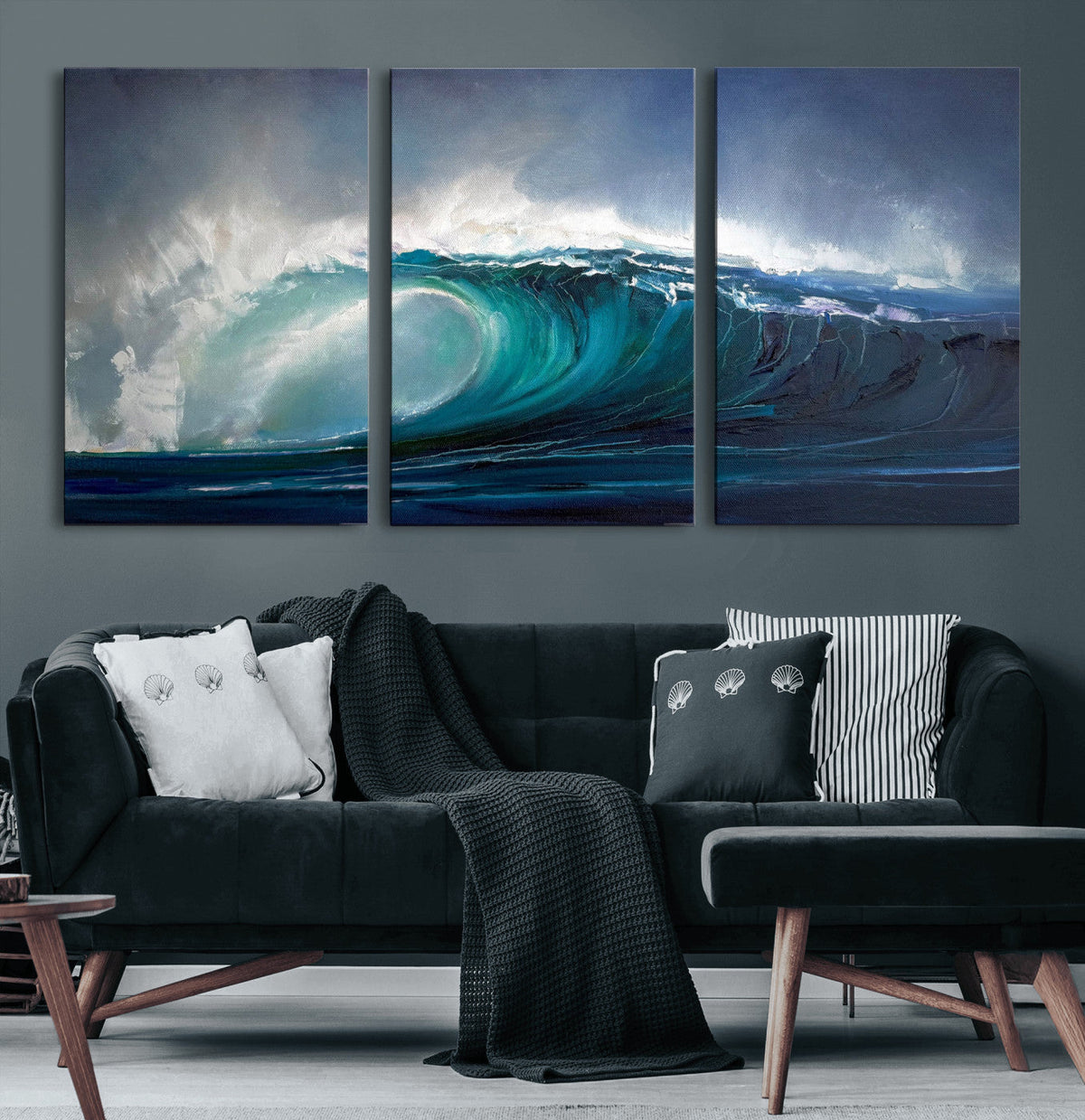 Ocean Wave Canvas Wall Art, Dramatic Teal Blue Seascape Oil