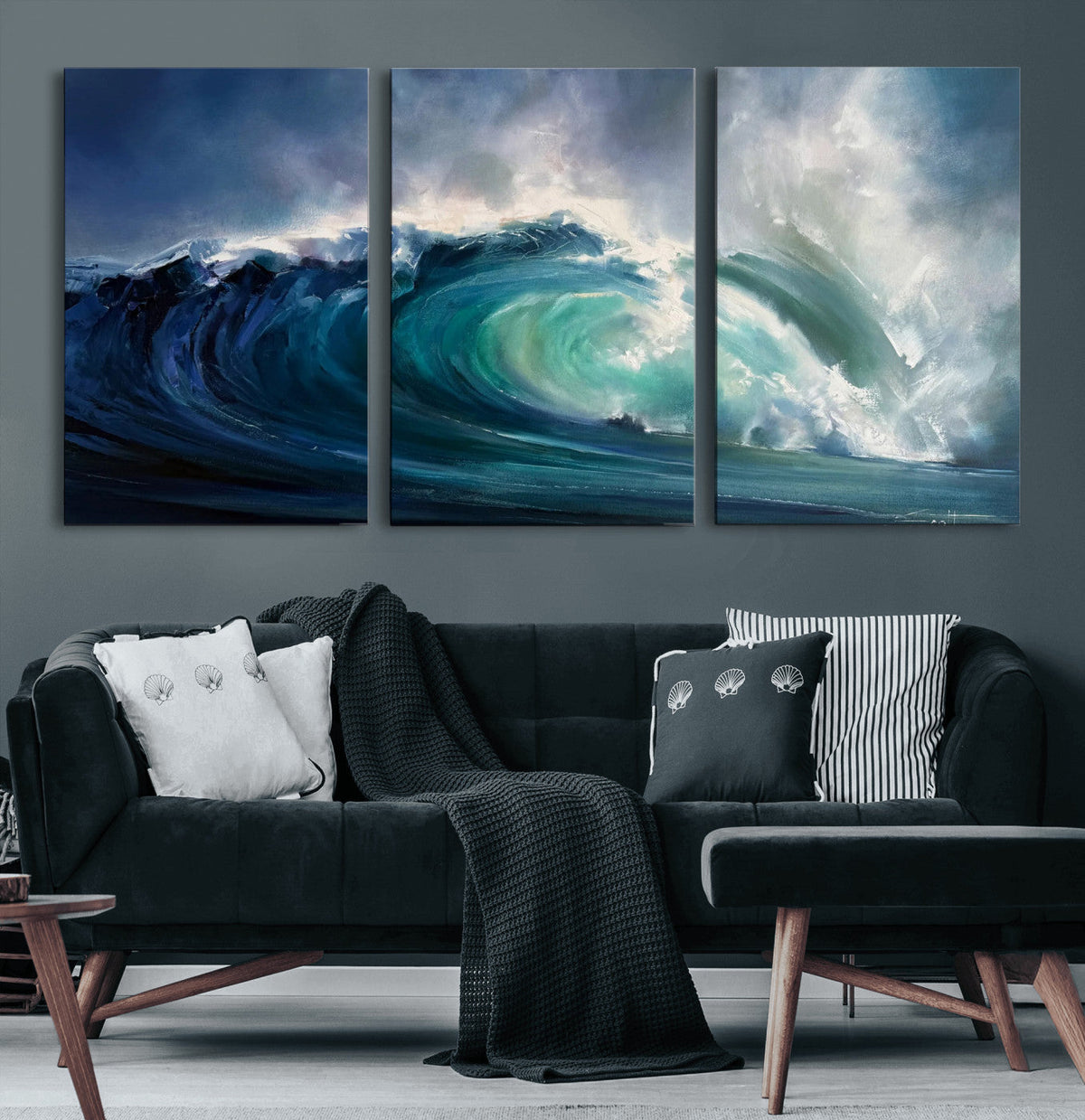 Ocean Wave Canvas Wall Art, Dramatic Teal Blue Seascape Oil
