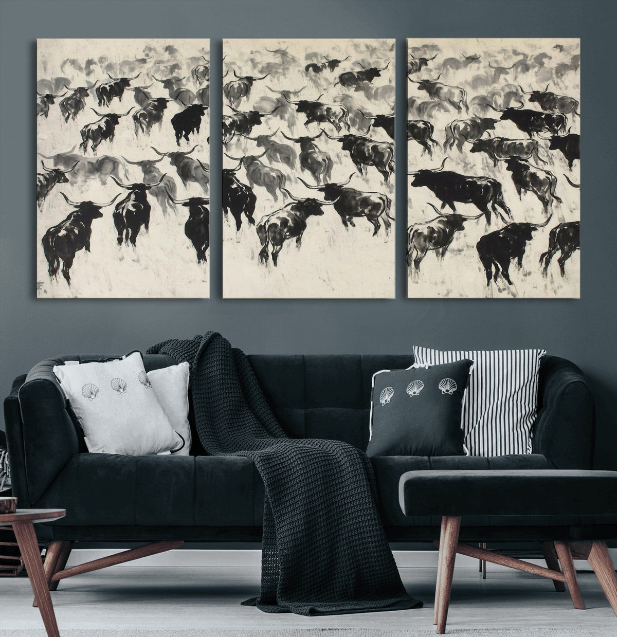 Longhorn Cattle Canvas Wall Art, Black White Stampede Ink
