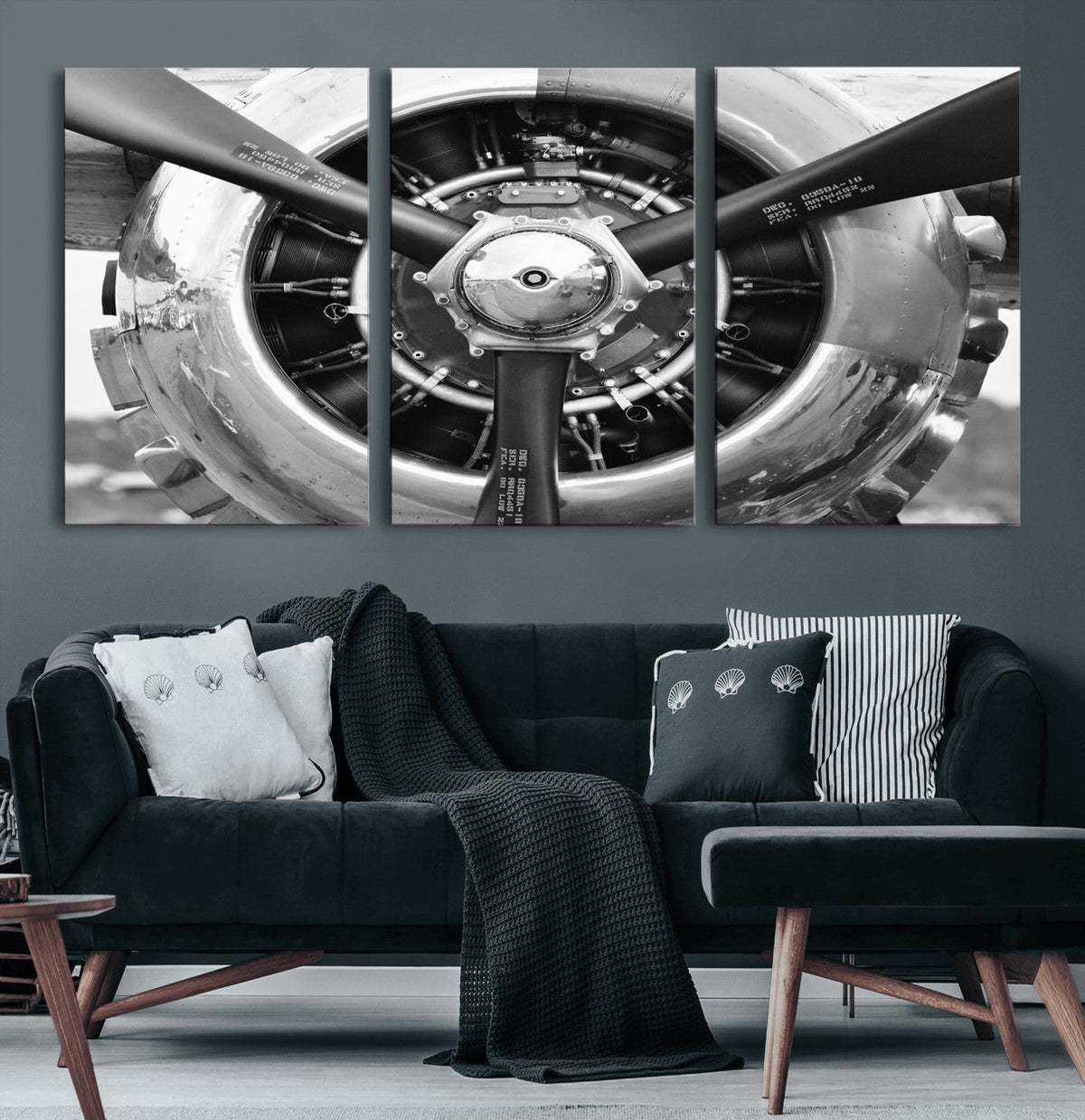 Vintage Propeller Plane Wall Art Canvas Print, Black and