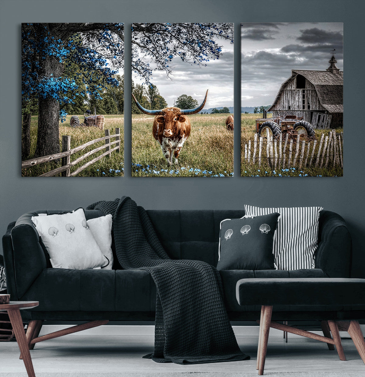 Texas Longhorn Canvas Wall Art, Rustic Farm Barn Bluebonnet