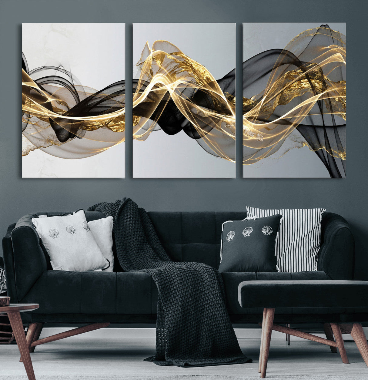 Black and Gold Abstract Wall Art, Modern Wave Canvas Print, Elegant Flowing Smoke Art, Luxury Living Room Decor