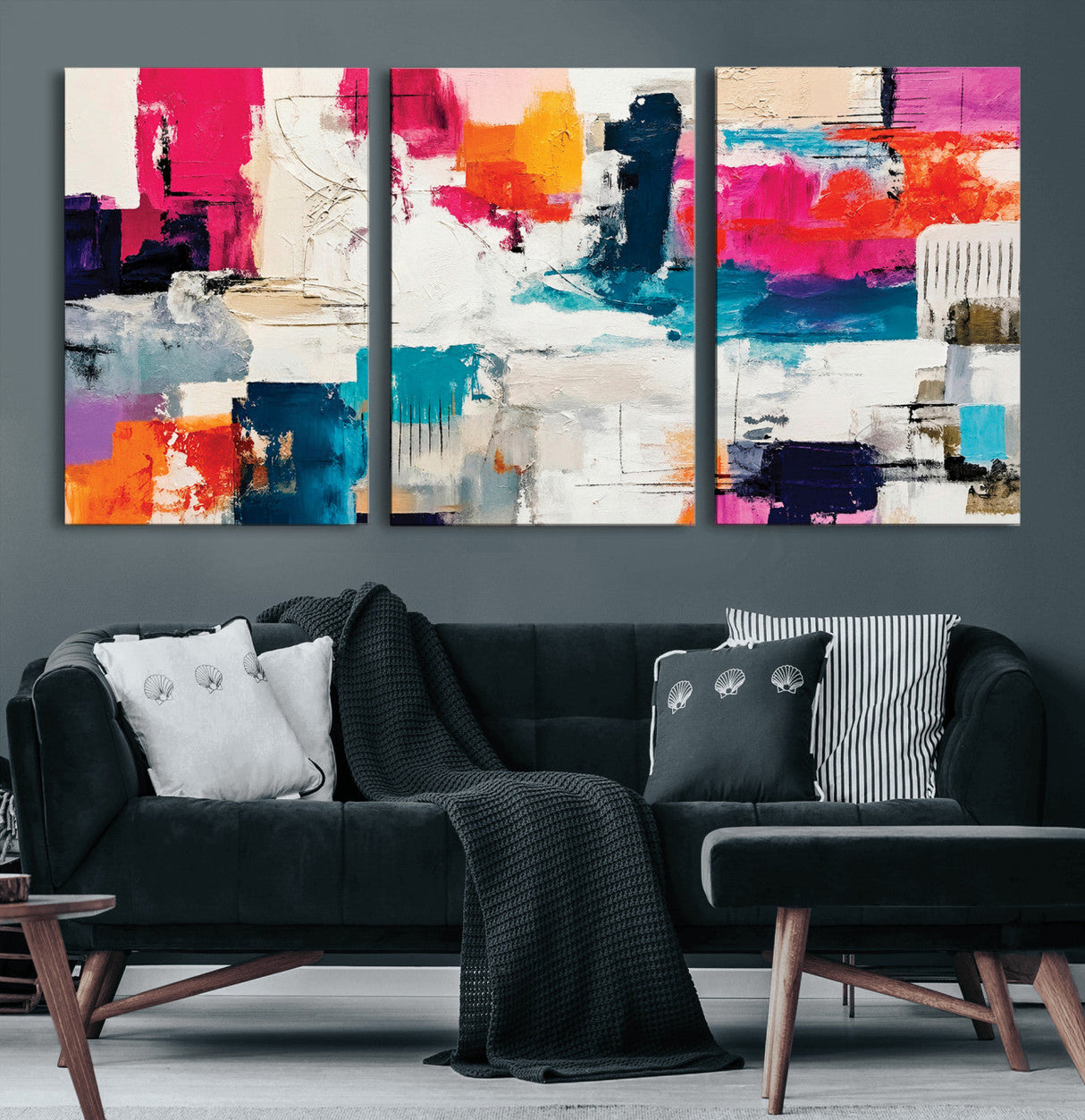 Blue Teal Abstract Canvas Wall Art, Modern Textured Painting Print, Navy Orange White Contemporary Art, Neutral Living Room Decor, Office Art