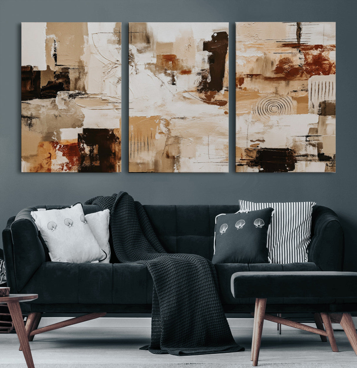 Blue Teal Abstract Canvas Wall Art, Modern Textured Painting Print, Navy Orange White Contemporary Art, Neutral Living Room Decor, Office Art